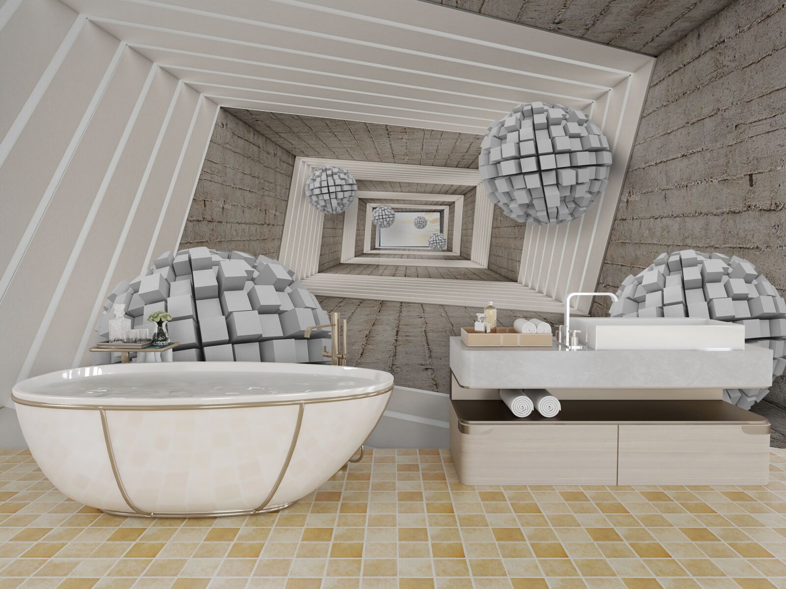 Papier peint des boules formées par des cubes et un couloir sans fin