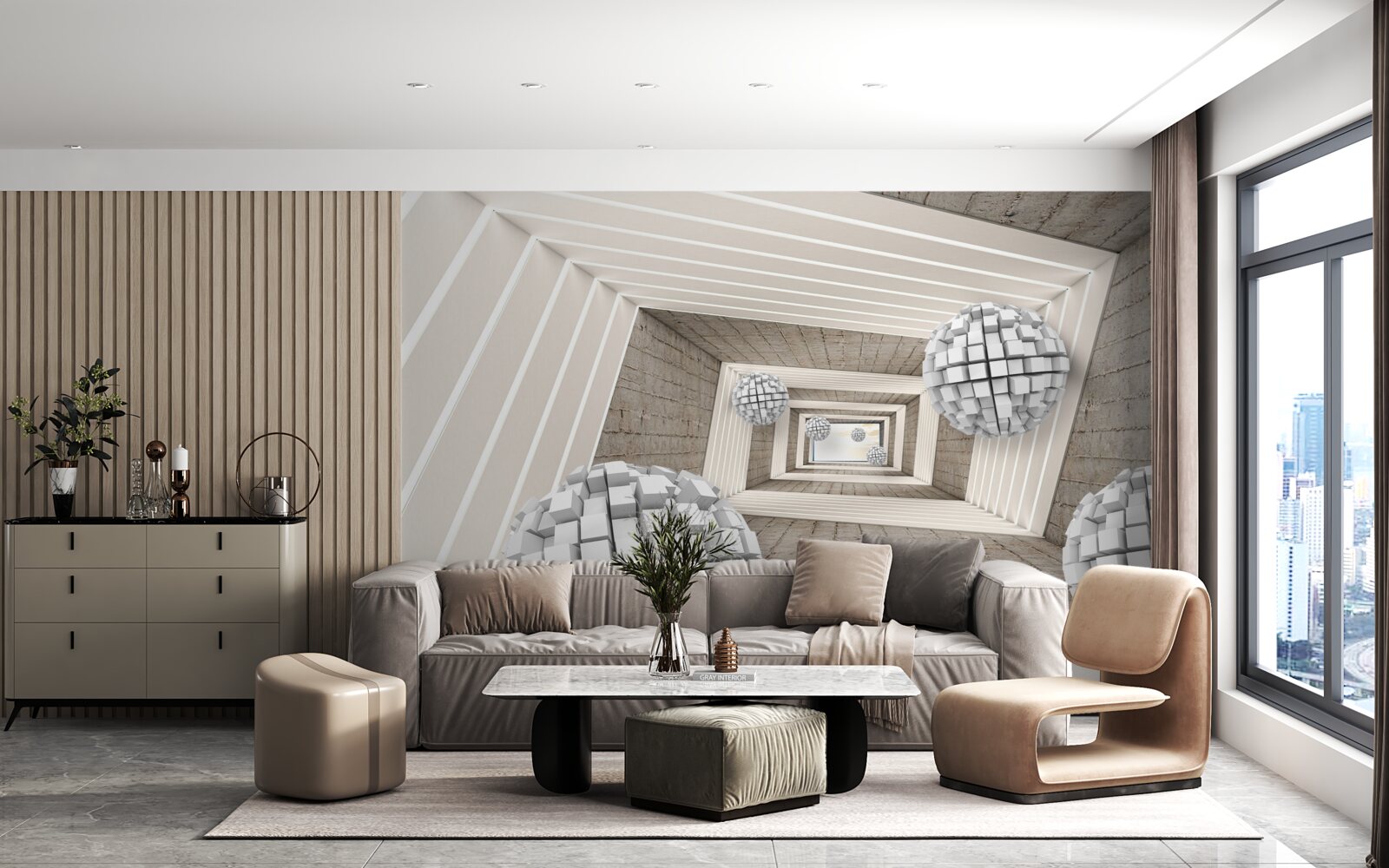 Papier peint des boules formées par des cubes et un couloir sans fin