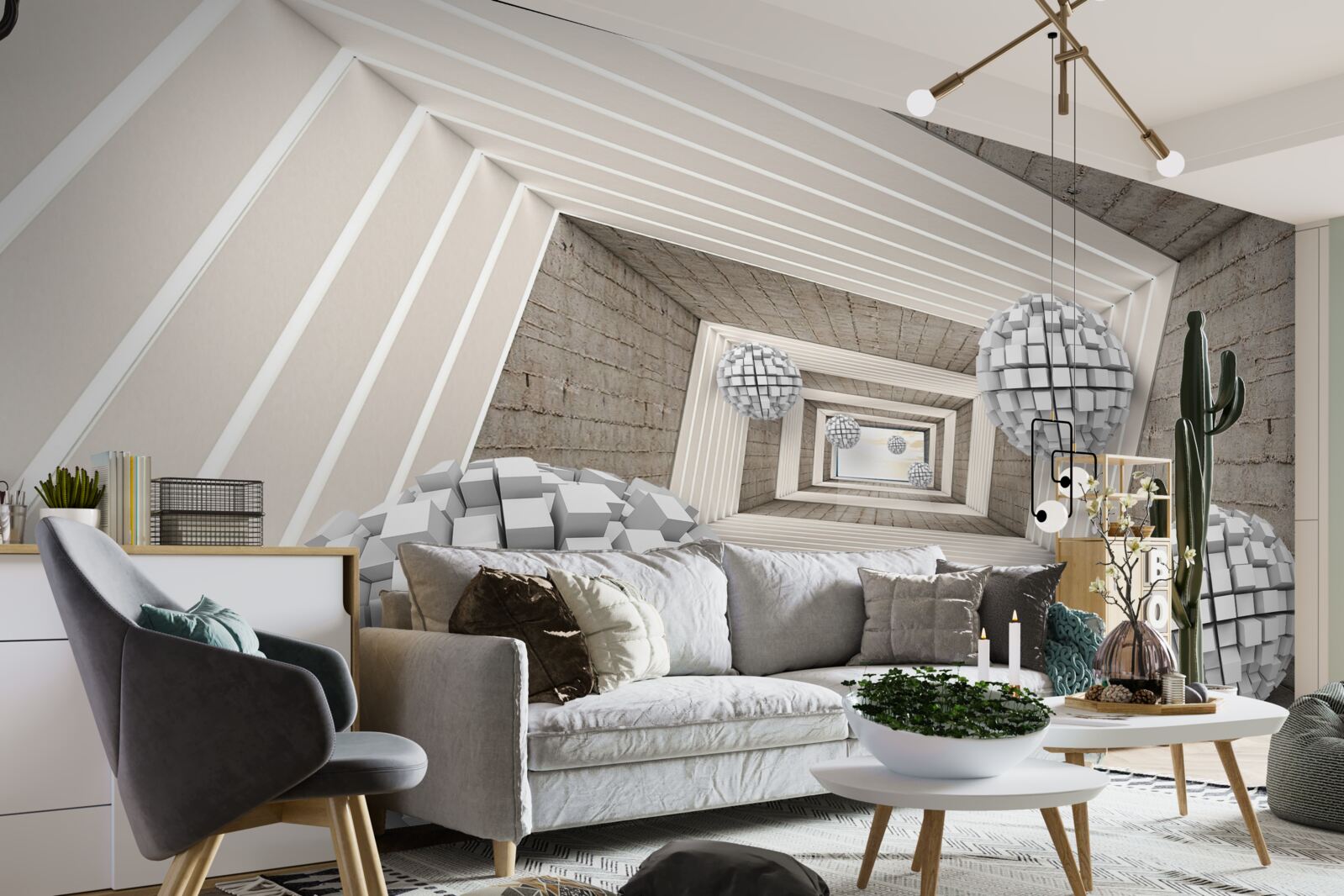 Papier peint des boules formées par des cubes et un couloir sans fin