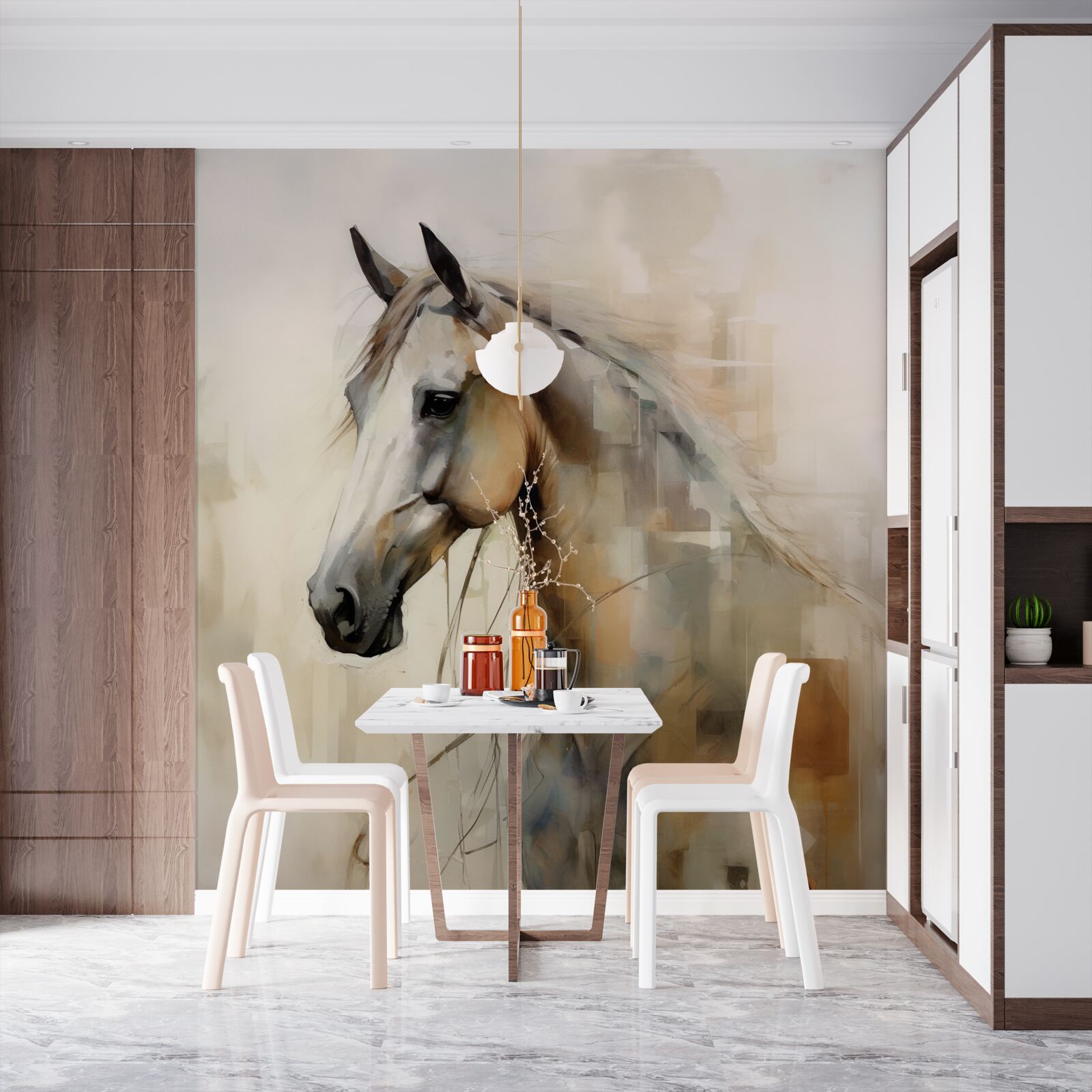 Papier peint cheval exotique blanc comme neige avec une crinière luxuriante