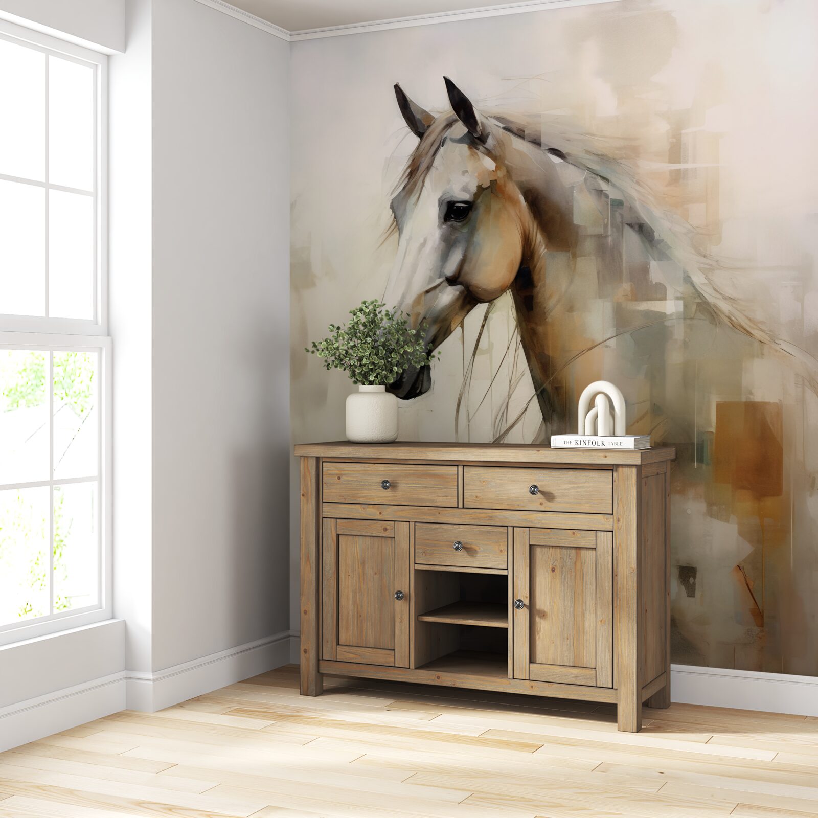 Papier peint cheval exotique blanc comme neige avec une crinière luxuriante