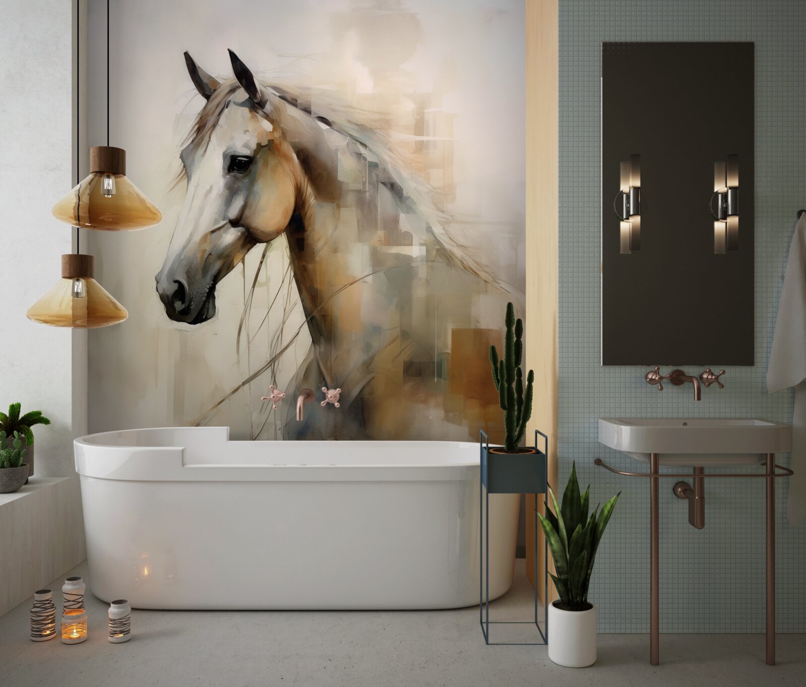 Papier peint cheval exotique blanc comme neige avec une crinière luxuriante