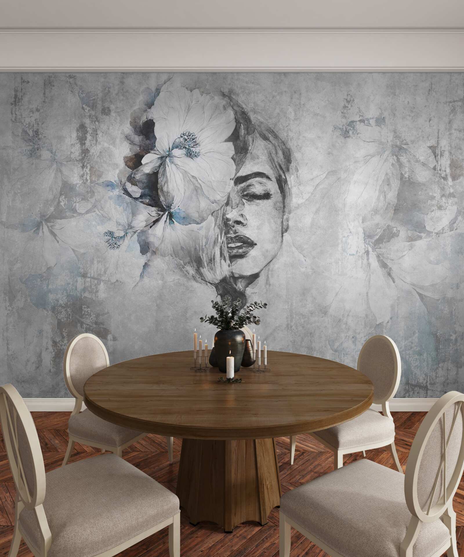 Papier peint image d'une fille sur fond gris