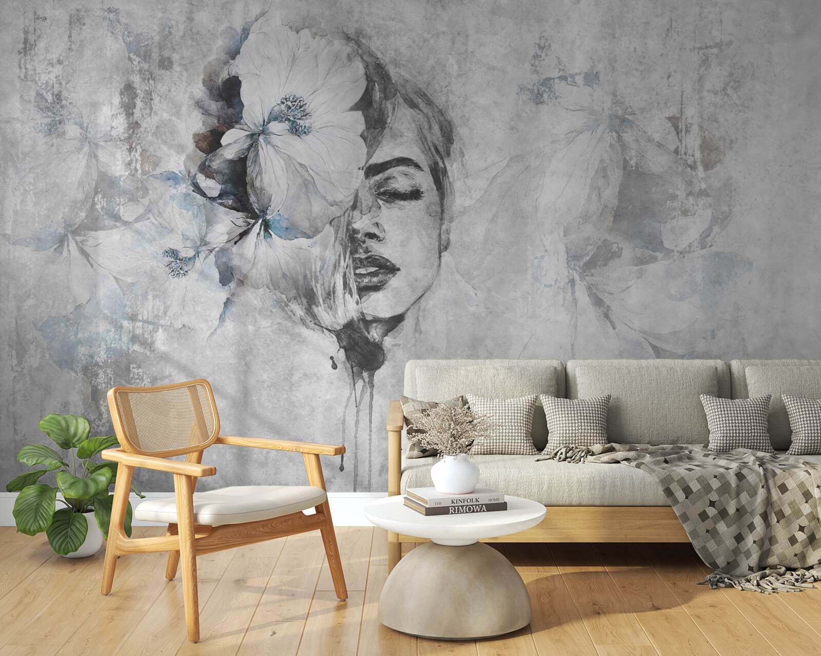 Papier peint image d'une fille sur fond gris