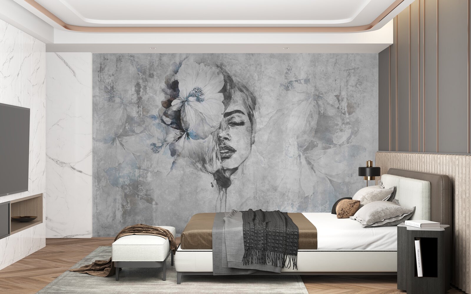 Papier peint image d'une fille sur fond gris