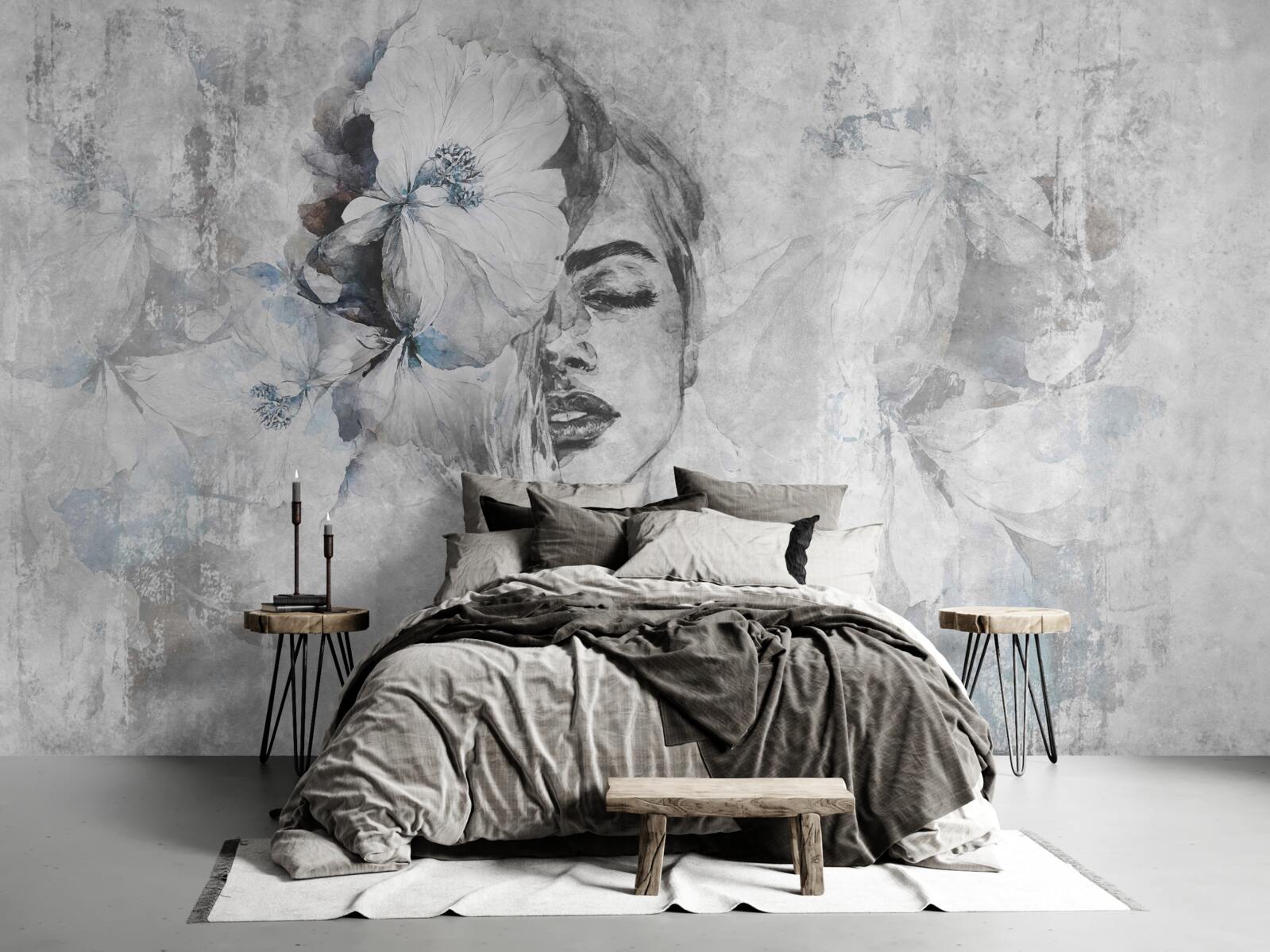 Papier peint image d'une fille sur fond gris