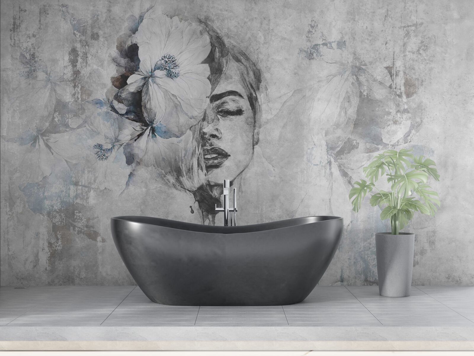 Papier peint image d'une fille sur fond gris