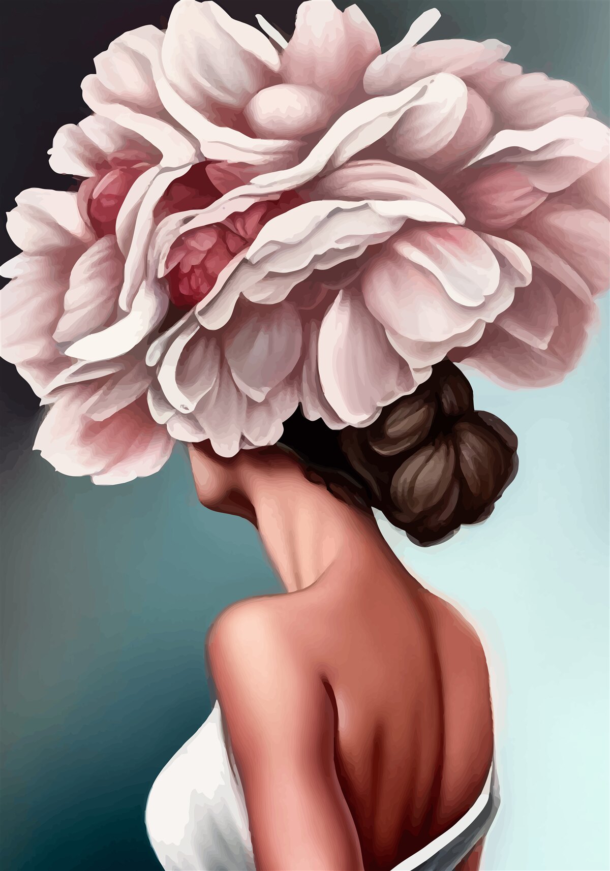 Papier peint fille dont les cheveux ont été remplacés par des fleurs