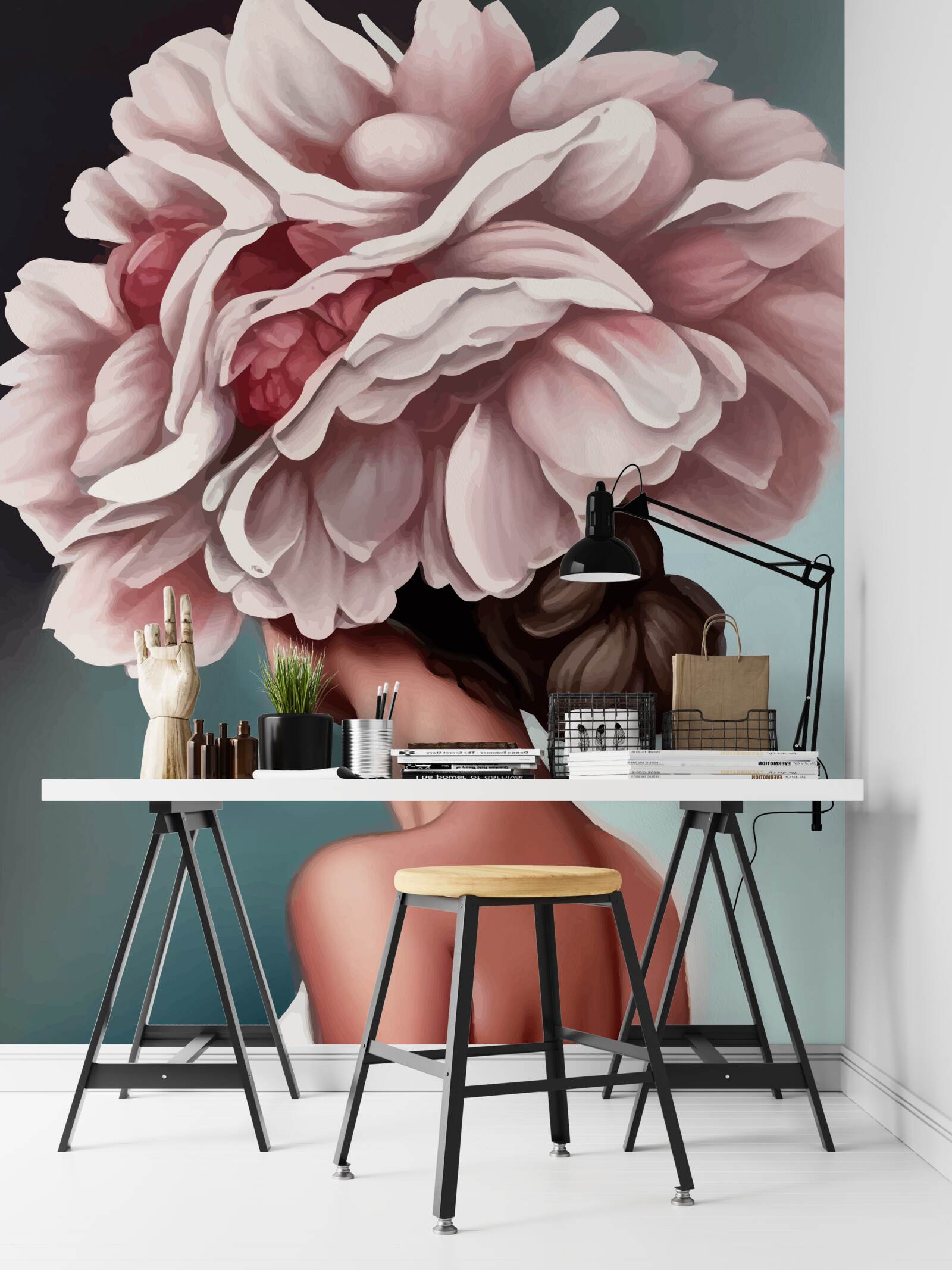 Papier peint fille dont les cheveux ont été remplacés par des fleurs