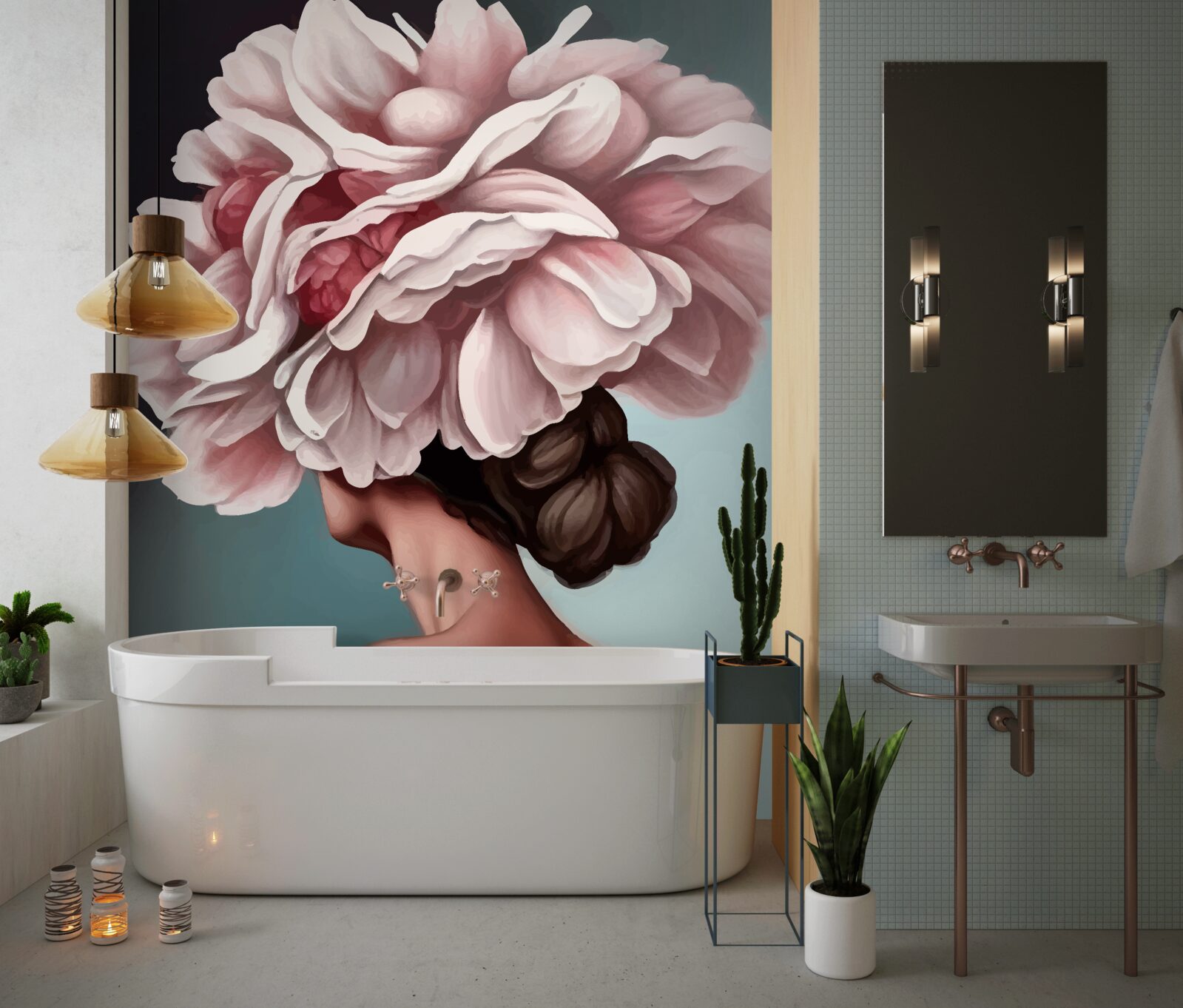 Papier peint fille dont les cheveux ont été remplacés par des fleurs