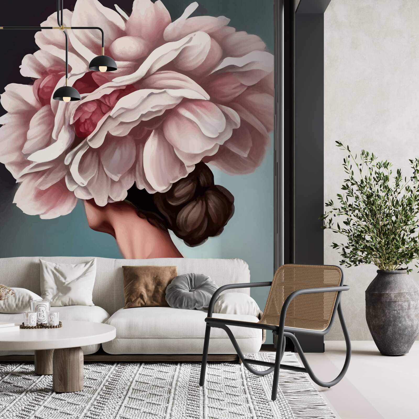 Papier peint fille dont les cheveux ont été remplacés par des fleurs