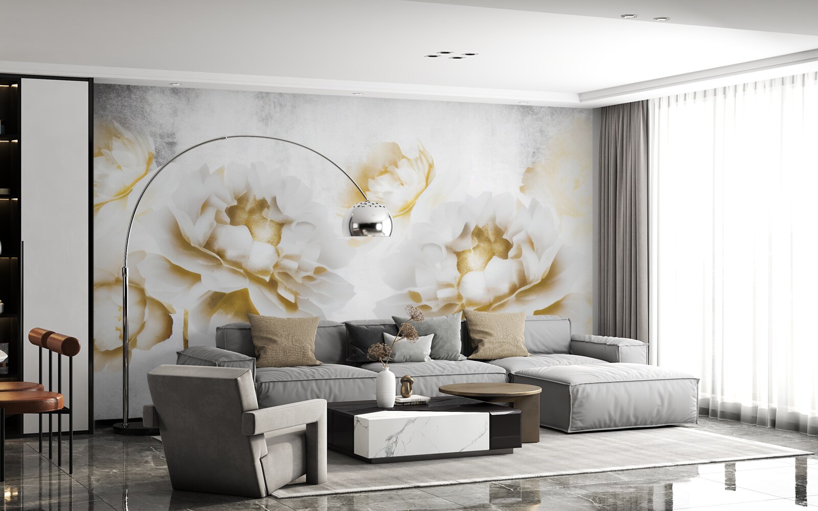 Papier peint felicia, agréable à l'œil par son aspect blanc neige doré