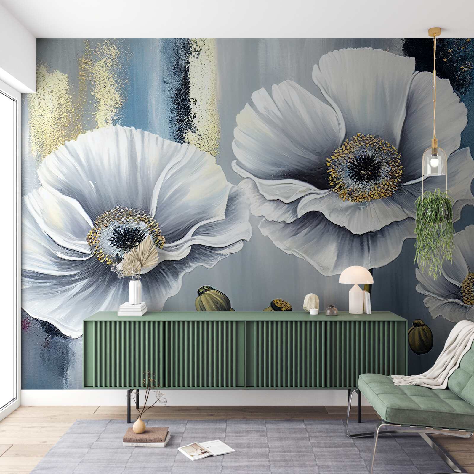 Papier peint les têtes blanches et brillantes des coquelicots en fleurs