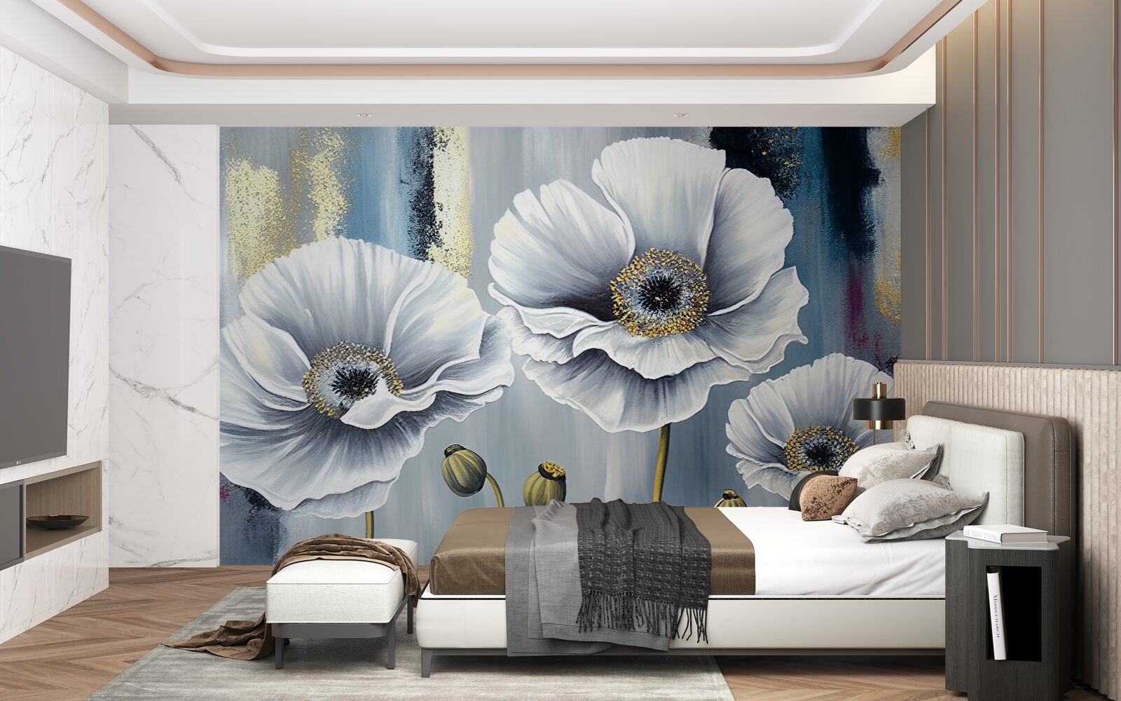 Papier peint les têtes blanches et brillantes des coquelicots en fleurs