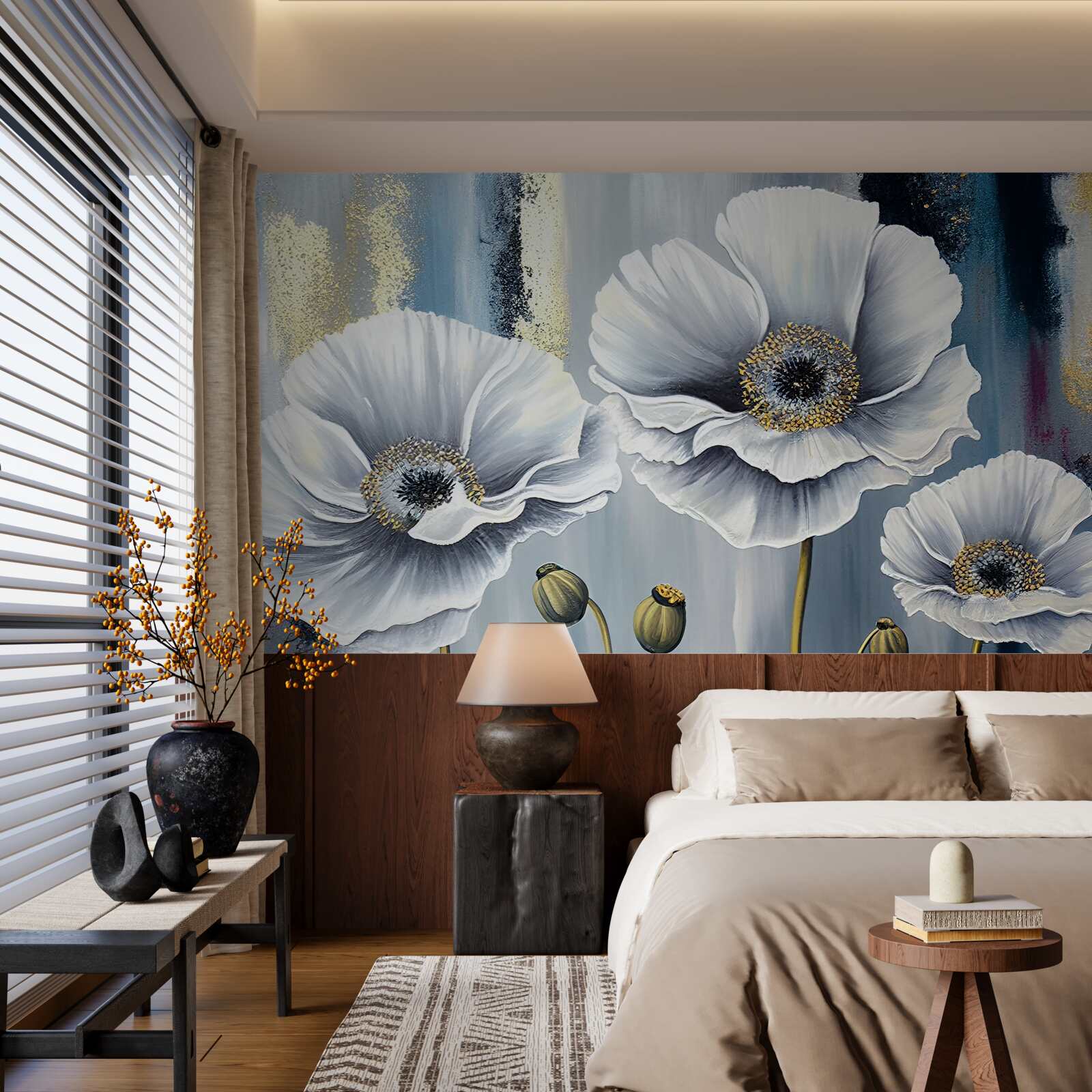 Papier peint les têtes blanches et brillantes des coquelicots en fleurs