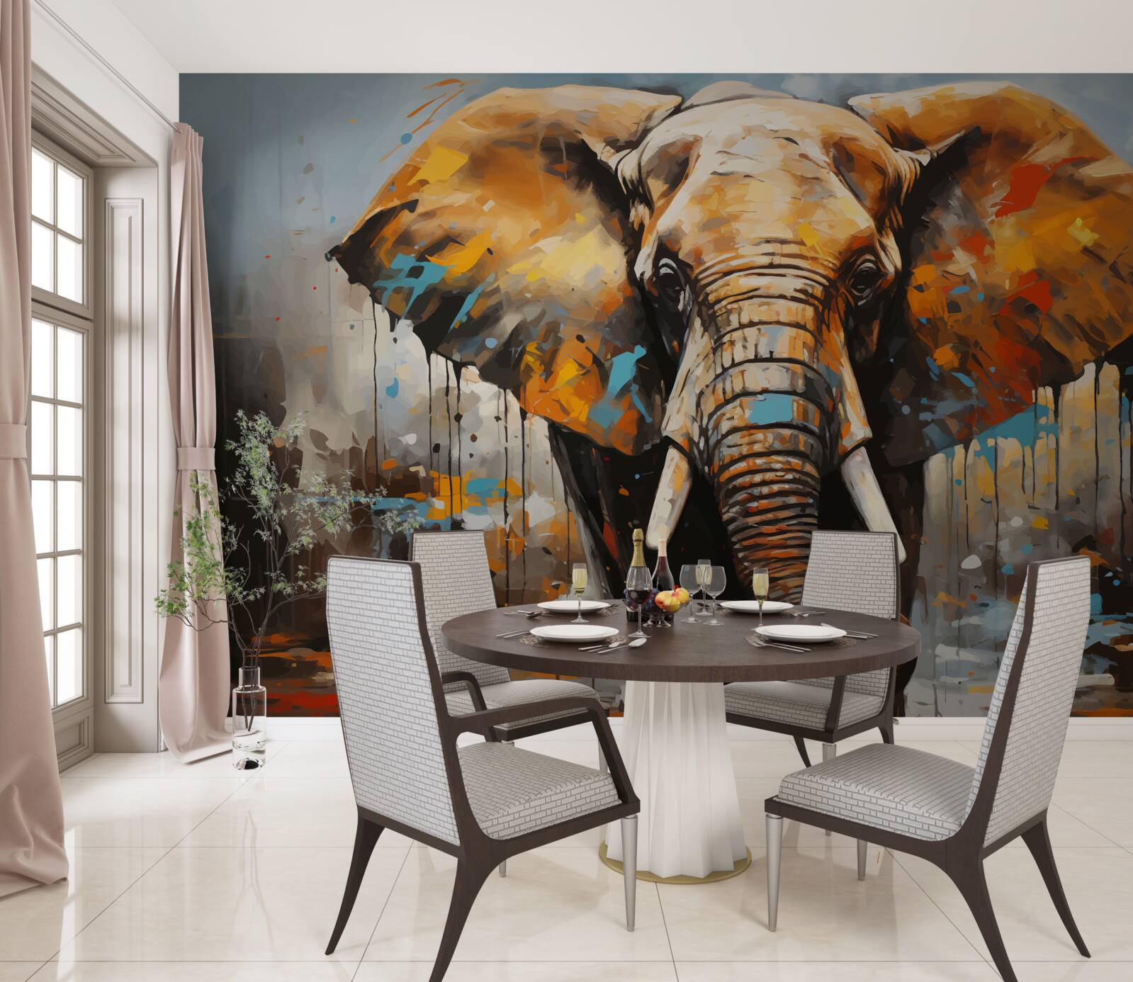 Papier peint image peinte d'un grand éléphant avec des défenses