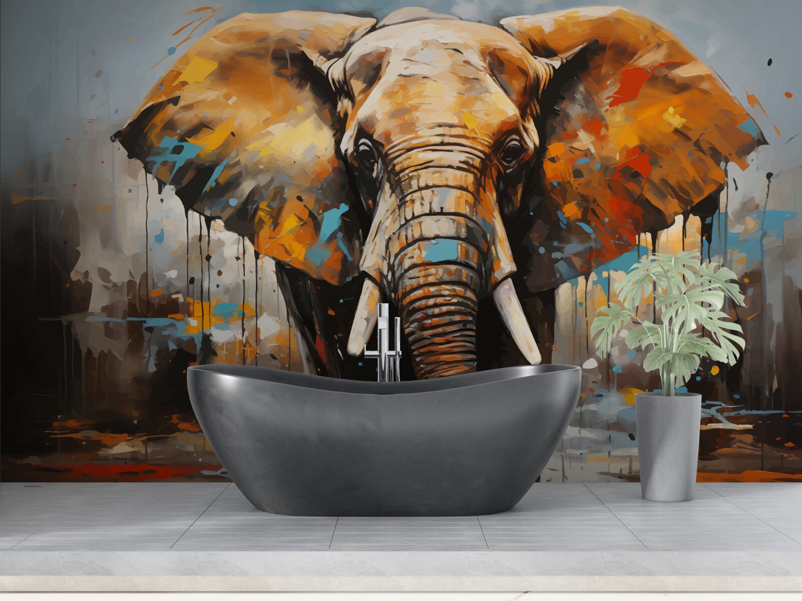 Papier peint image peinte d'un grand éléphant avec des défenses