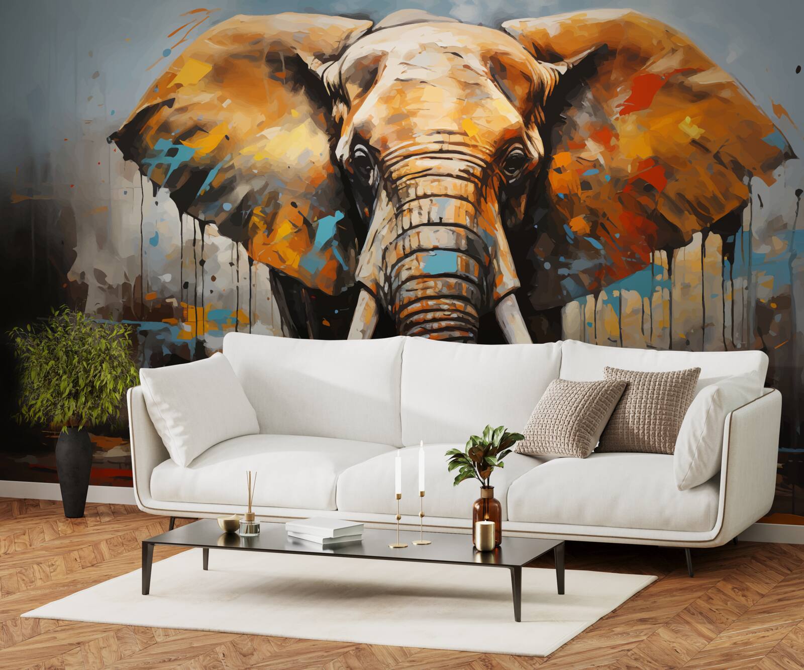 Papier peint image peinte d'un grand éléphant avec des défenses