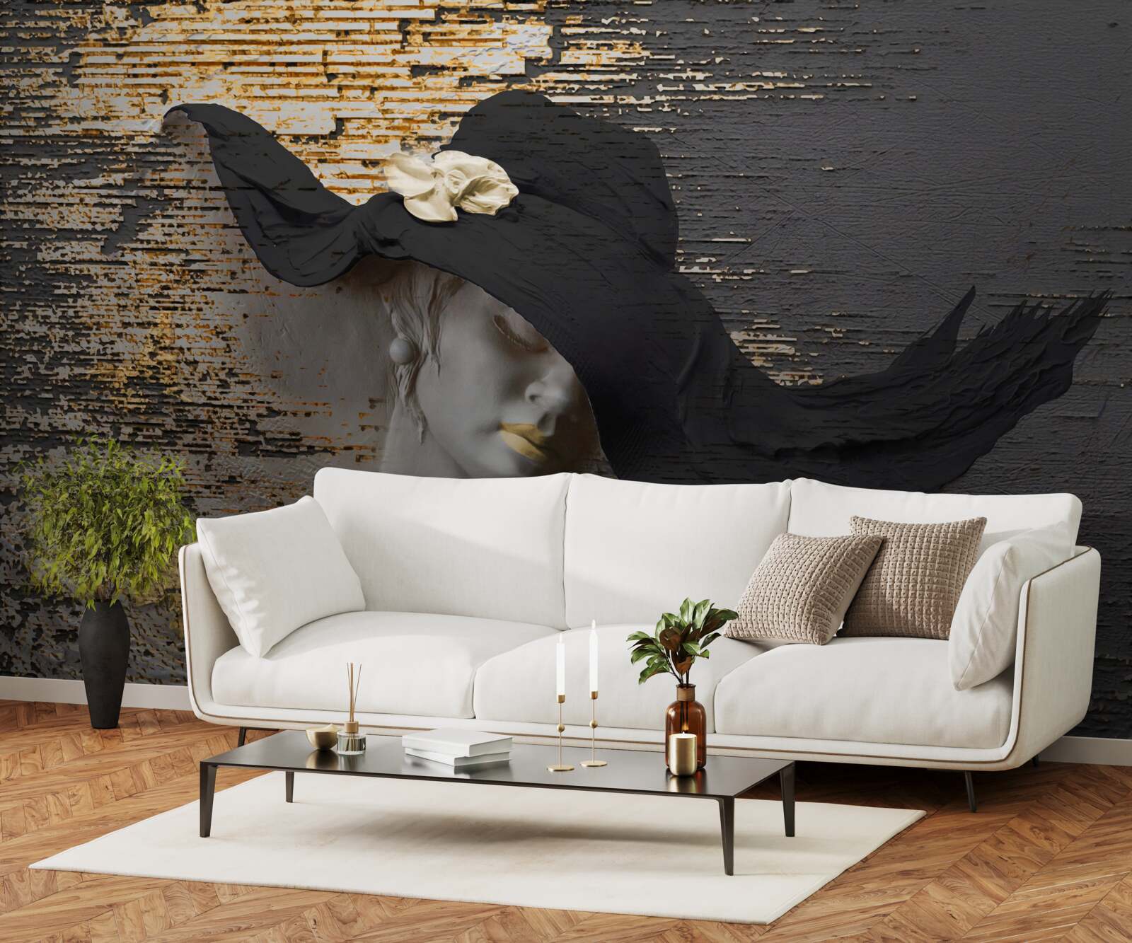 Papier peint femme avec des fleurs dans un chapeau