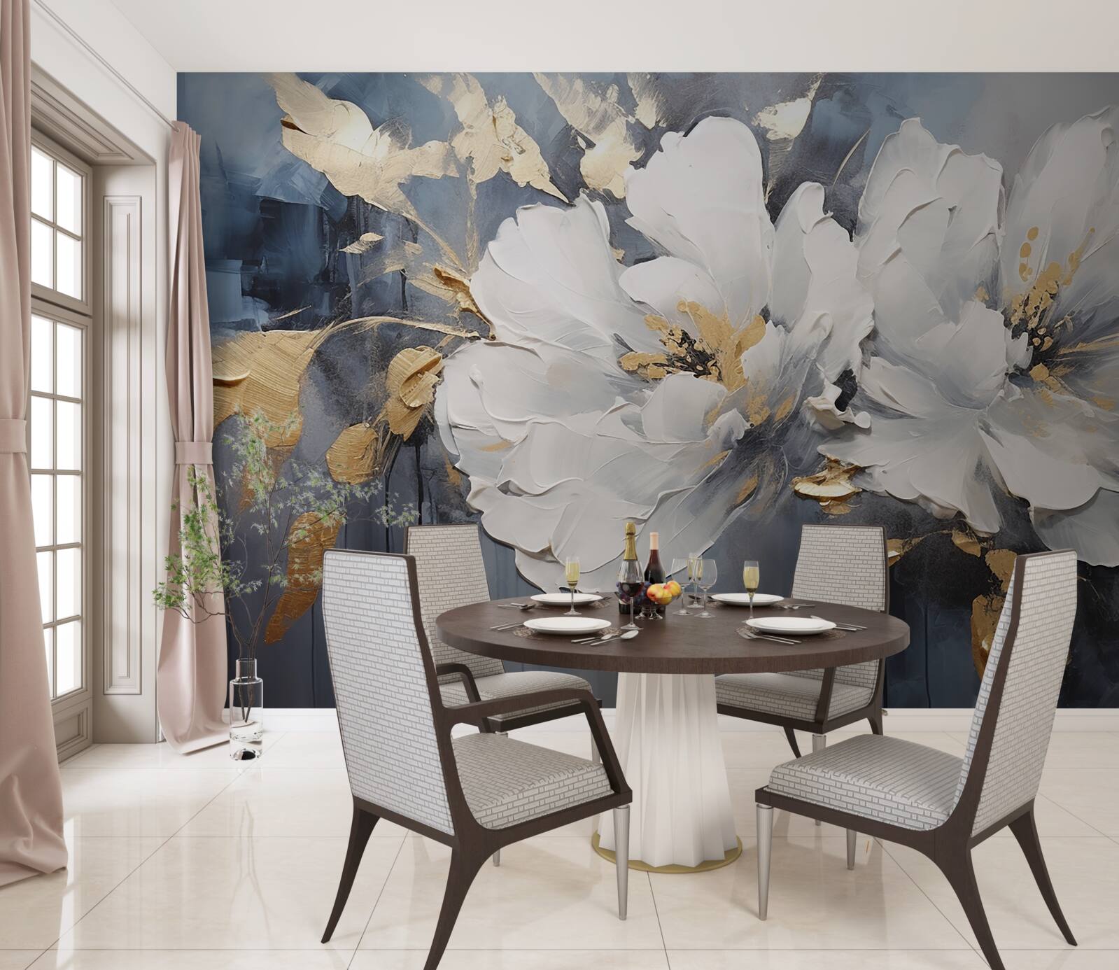 Papier peint lors d'une averse, des bourgeons doux et blancs comme la neige