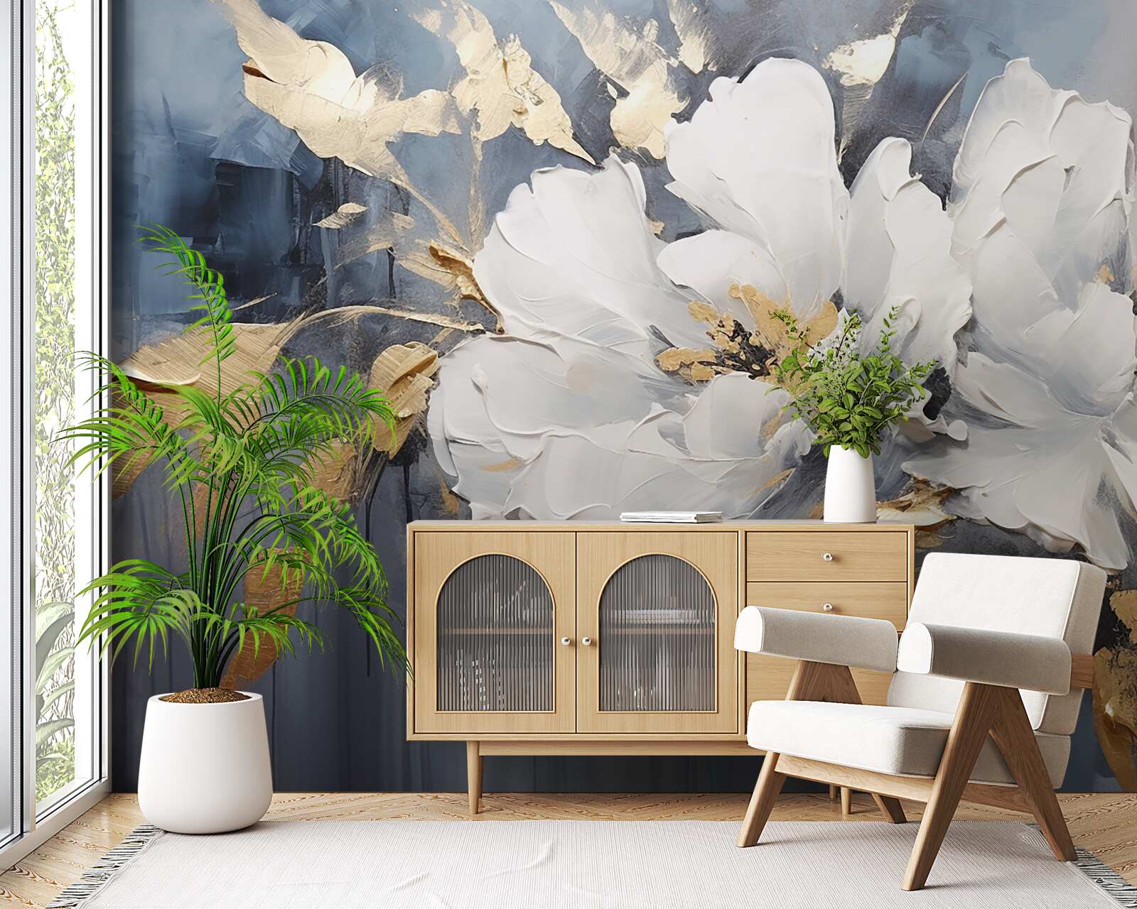 Papier peint lors d'une averse, des bourgeons doux et blancs comme la neige