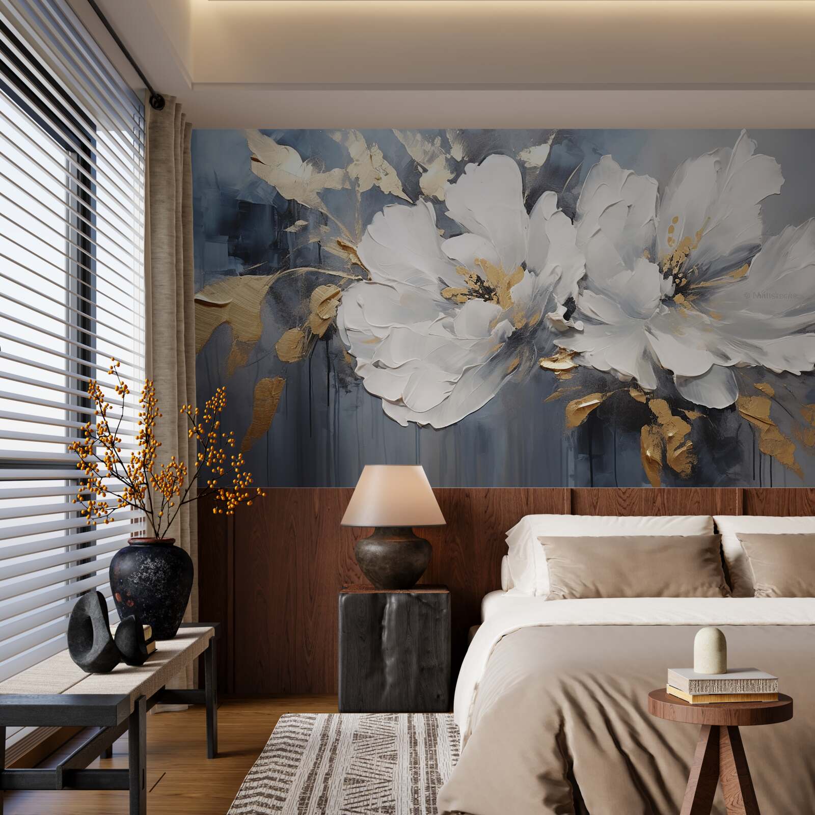 Papier peint lors d'une averse, des bourgeons doux et blancs comme la neige