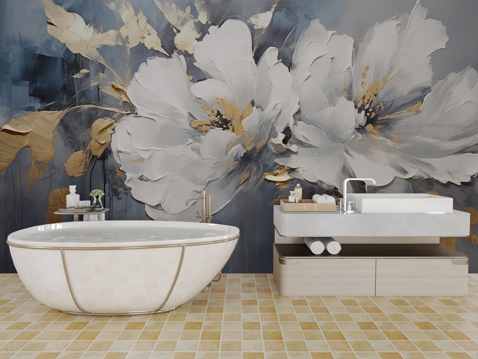 Papier peint lors d'une averse, des bourgeons doux et blancs comme la neige