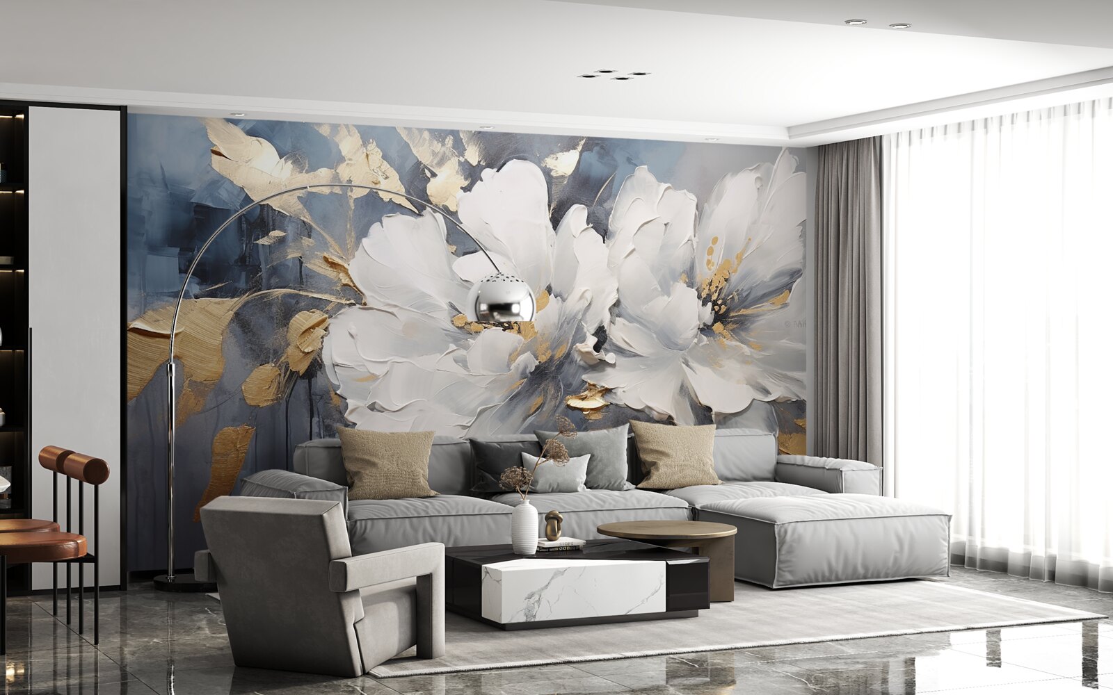 Papier peint lors d'une averse, des bourgeons doux et blancs comme la neige