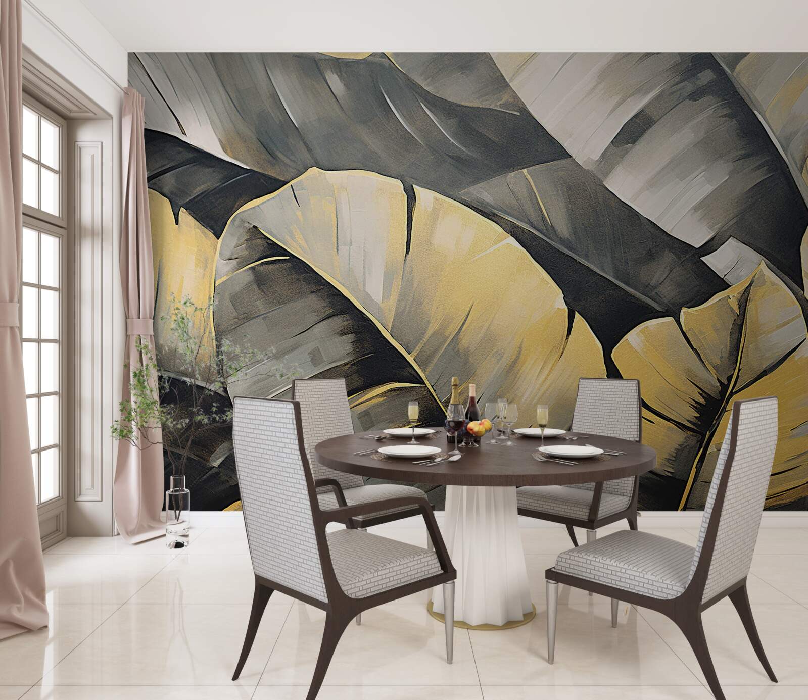 Papier peint feuilles noires et or