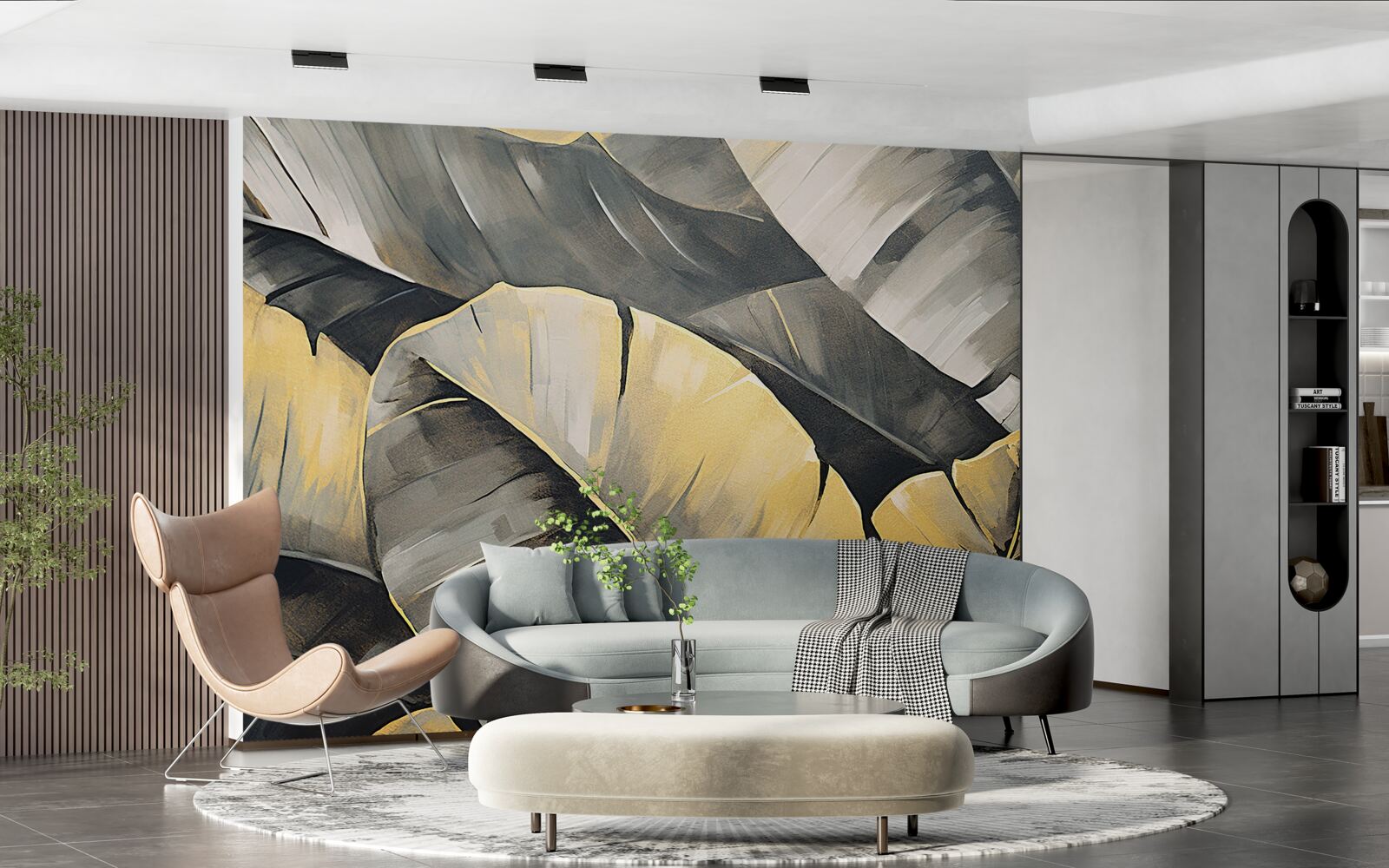 Papier peint feuilles noires et or