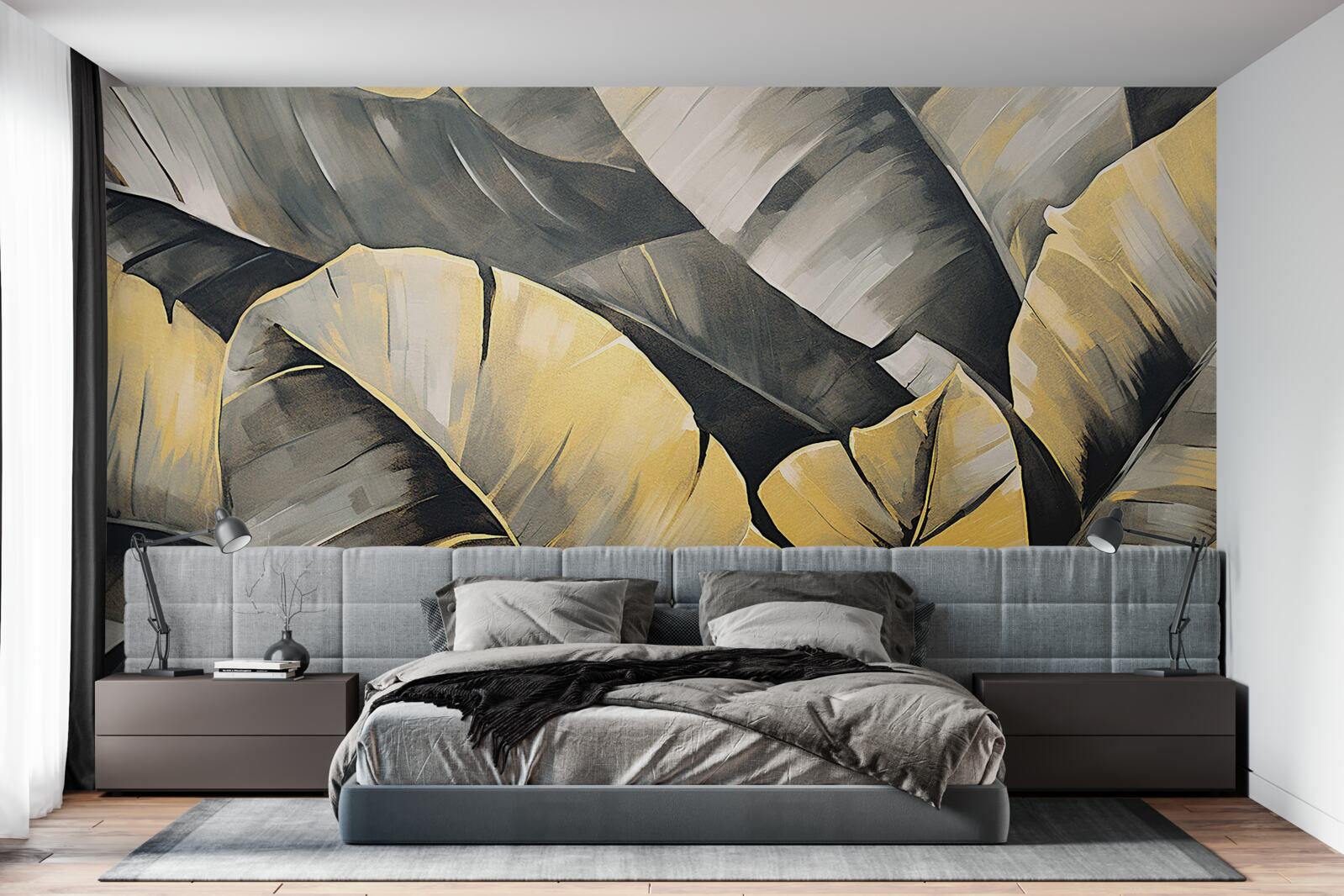 Papier peint feuilles noires et or