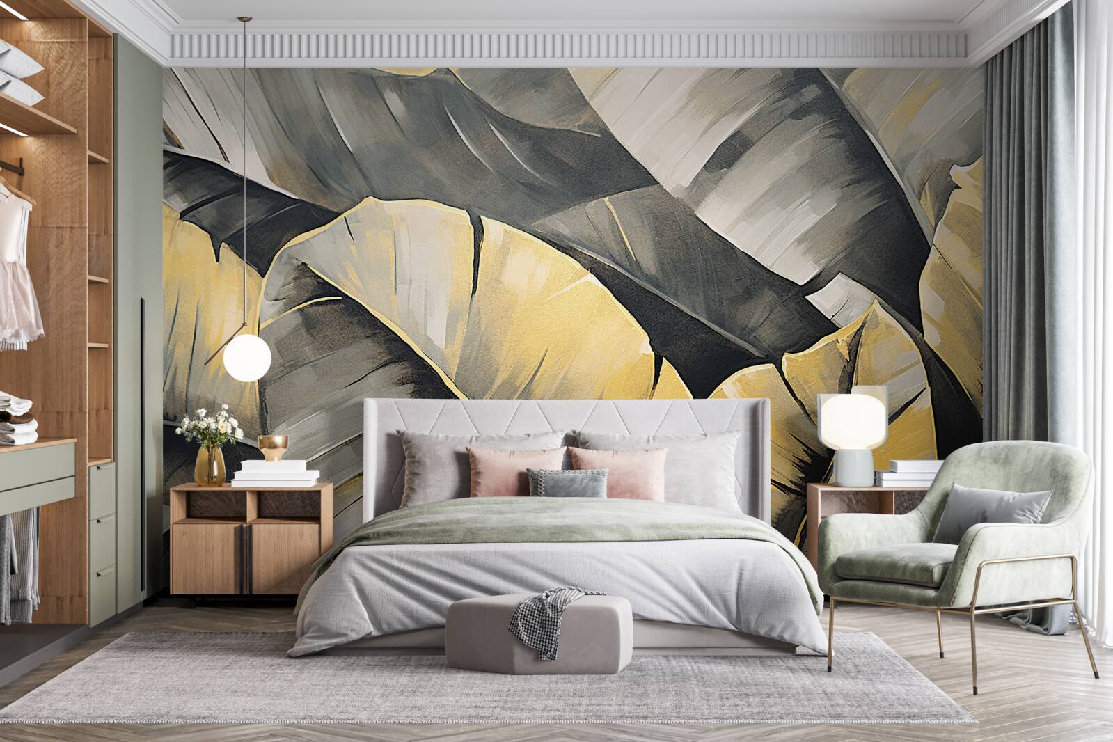 Papier peint feuilles noires et or