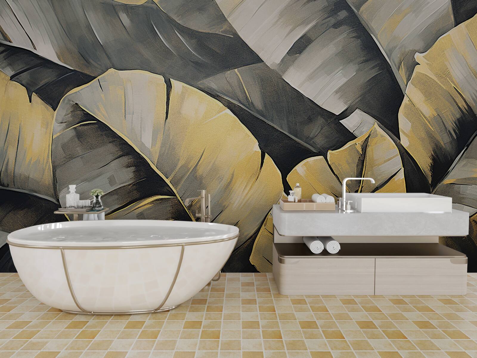 Papier peint feuilles noires et or