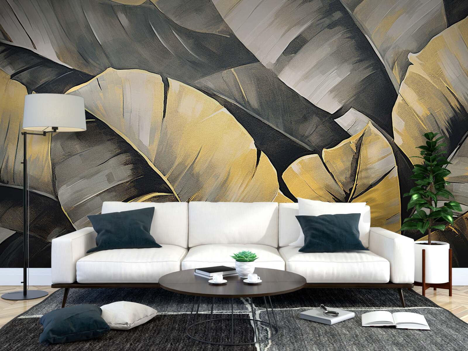 Papier peint feuilles noires et or