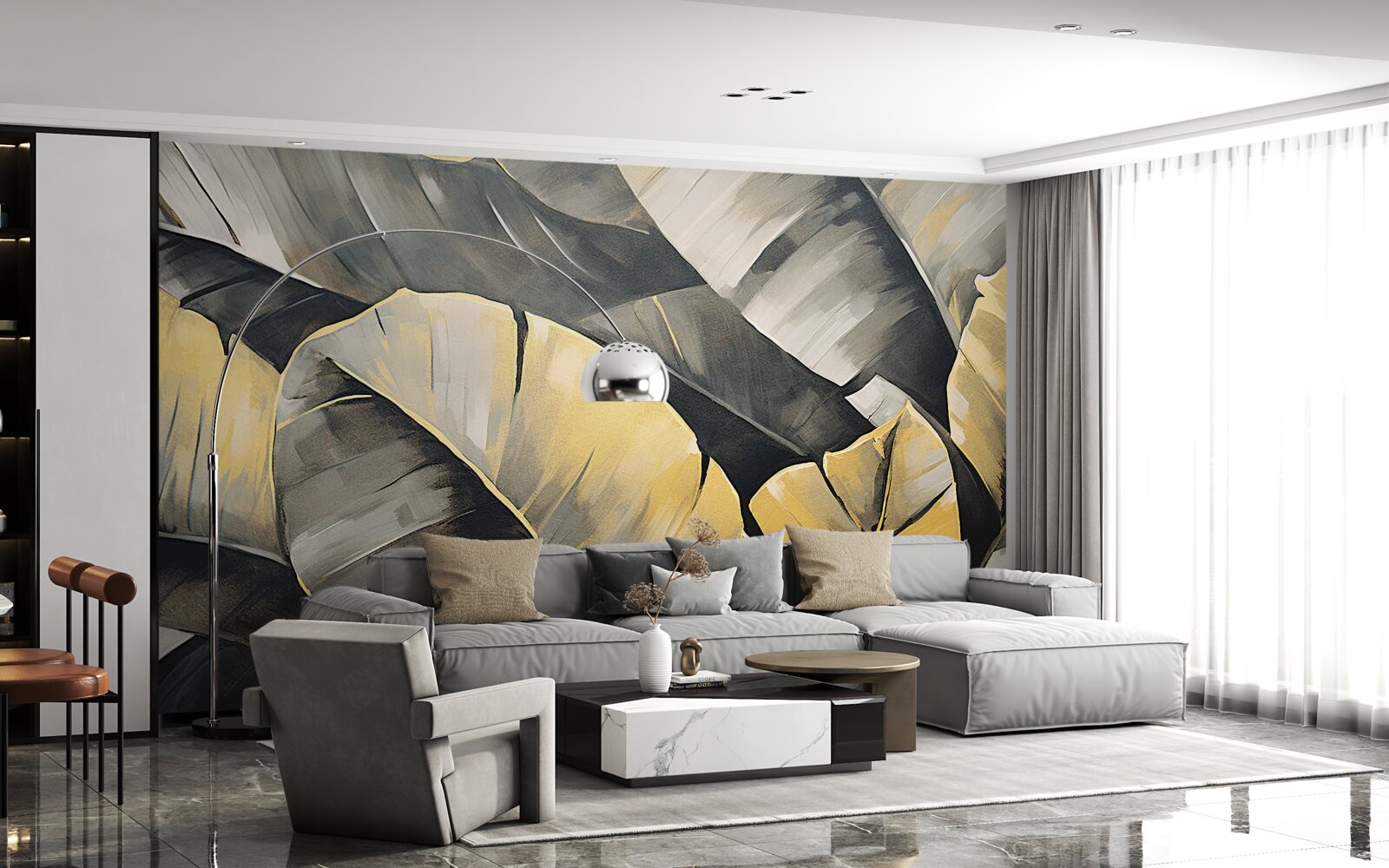 Papier peint feuilles noires et or