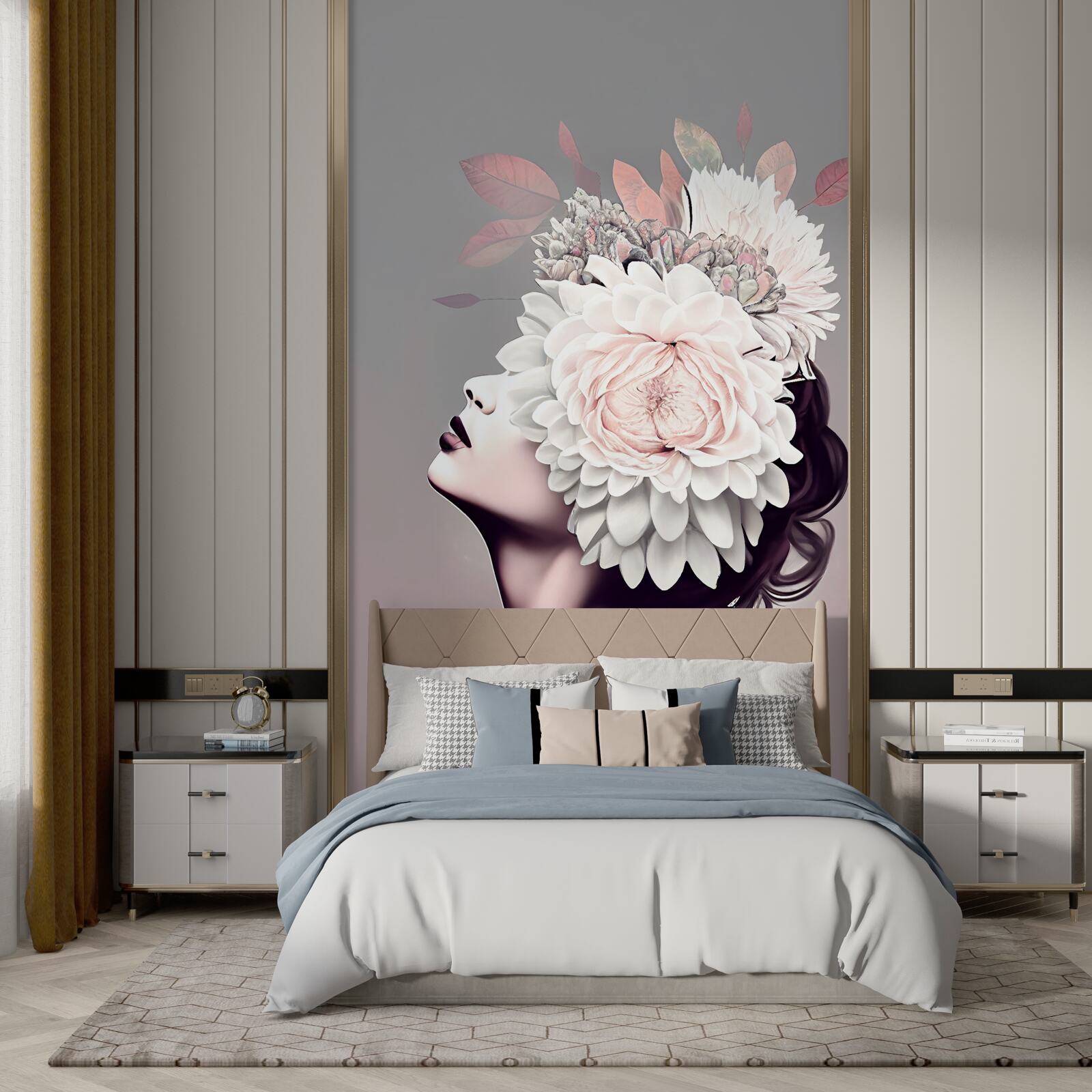 Papier peint jeune femme avec des fleurs dans les cheveux