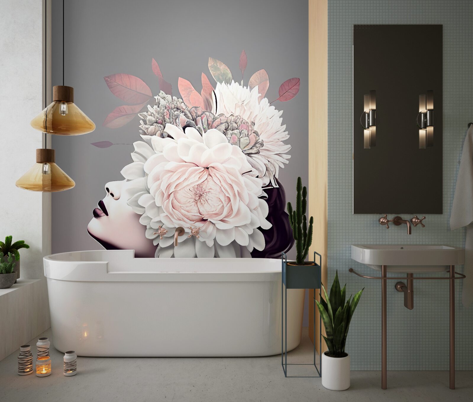 Papier peint jeune femme avec des fleurs dans les cheveux