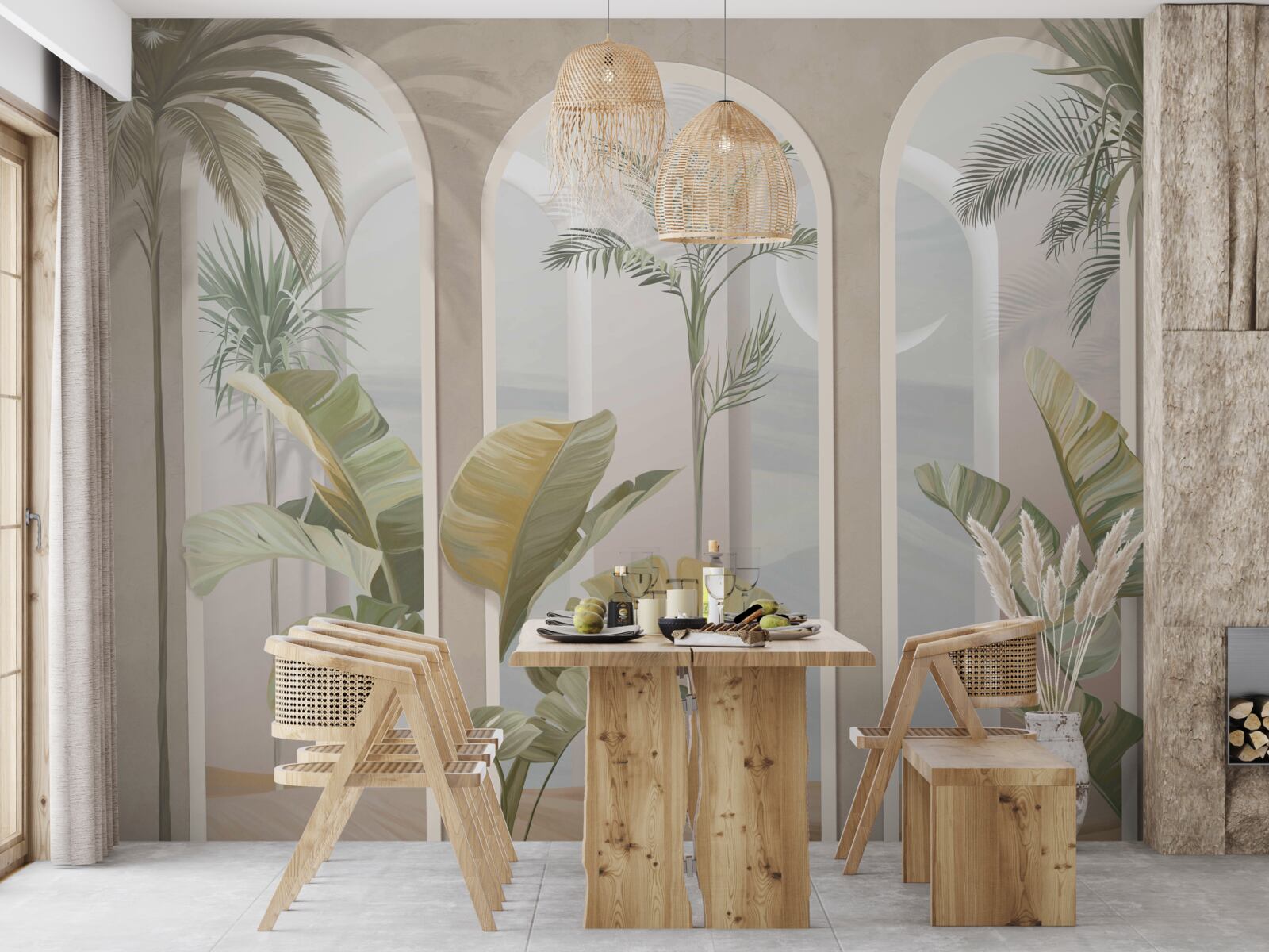 Papier peint palmiers et fougères sous de hautes voûtes