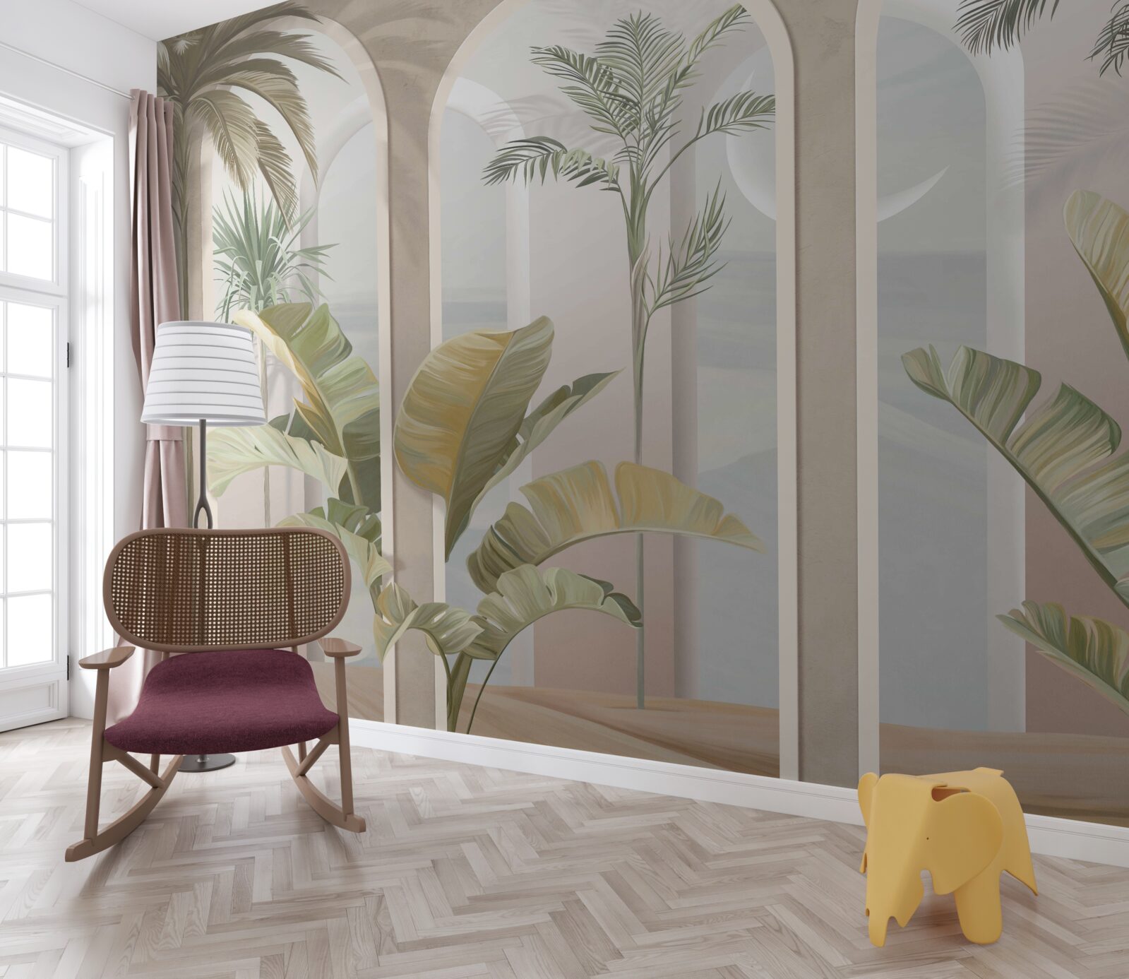 Papier peint palmiers et fougères sous de hautes voûtes