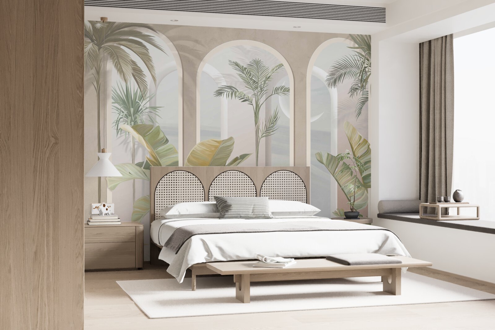 Papier peint palmiers et fougères sous de hautes voûtes