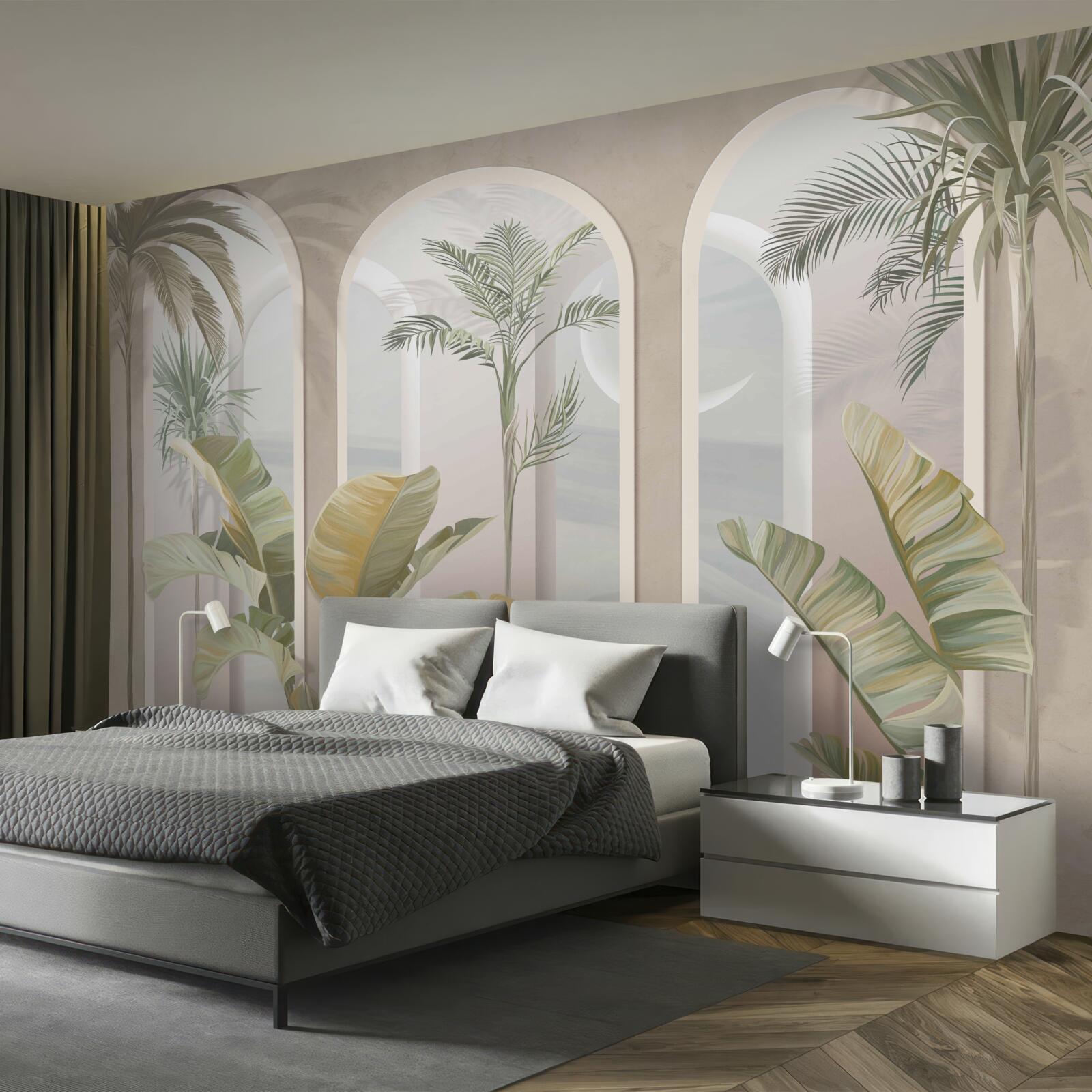 Papier peint palmiers et fougères sous de hautes voûtes