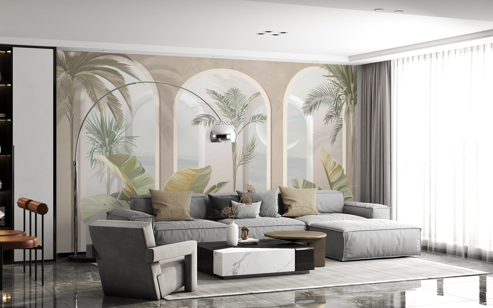 Papier peint palmiers et fougères sous de hautes voûtes