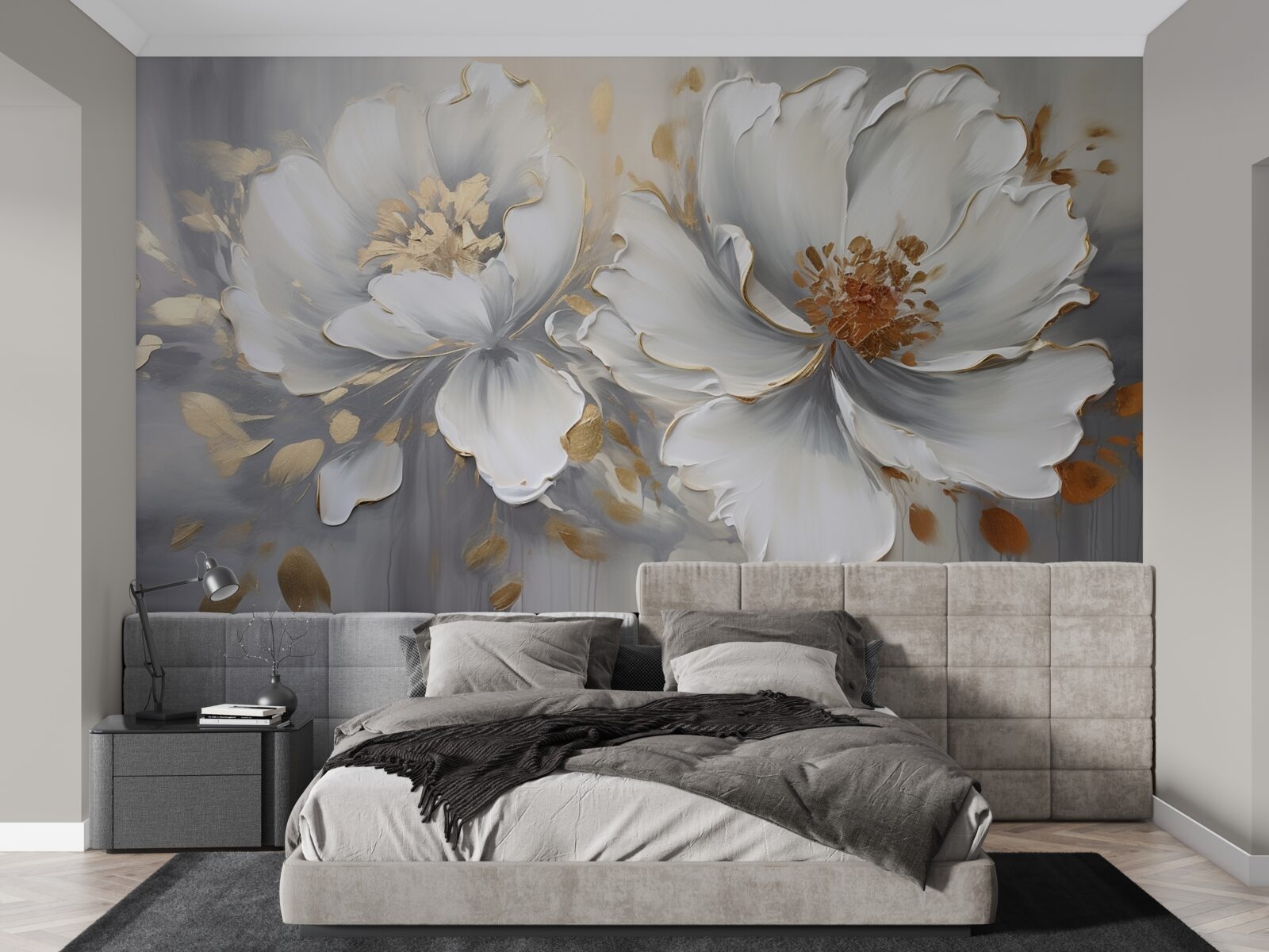 Papier peint boutons de fleurs luxueux en blanc neige