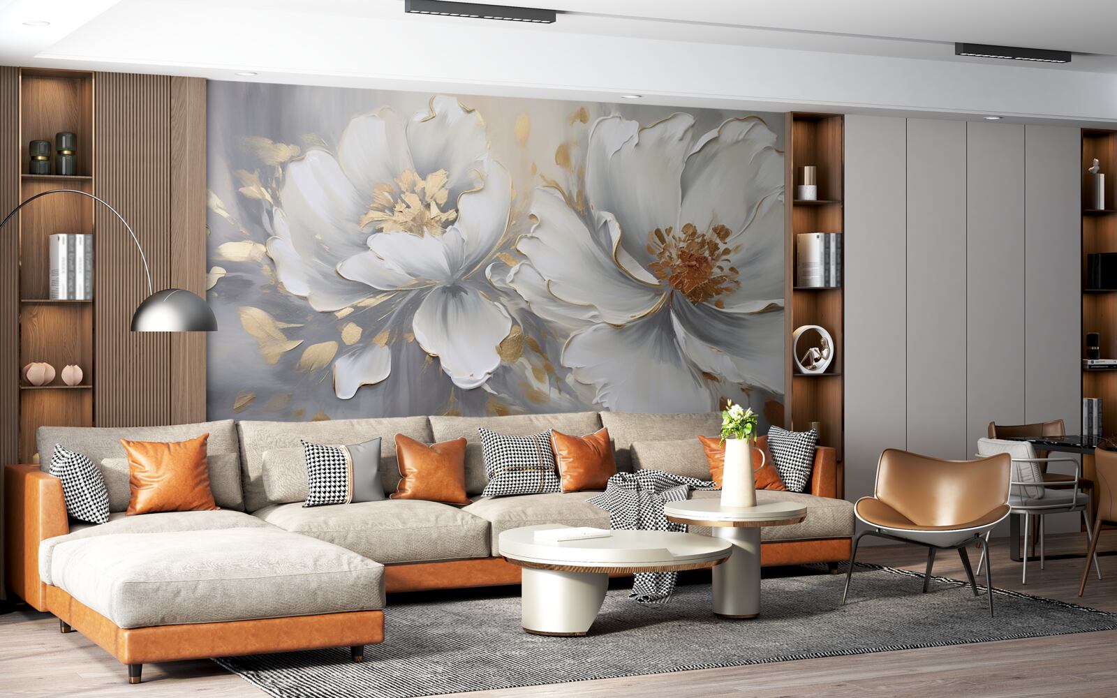 Papier peint boutons de fleurs luxueux en blanc neige