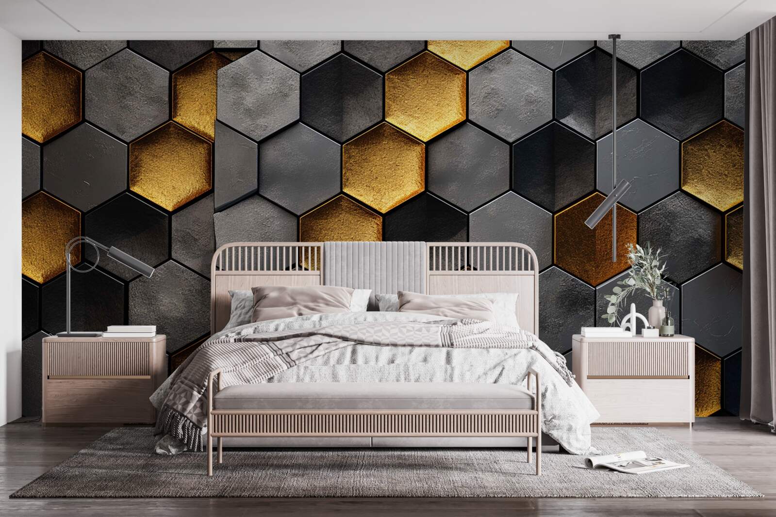 Papier peint simulation de ruches d'abeilles avec de l'or