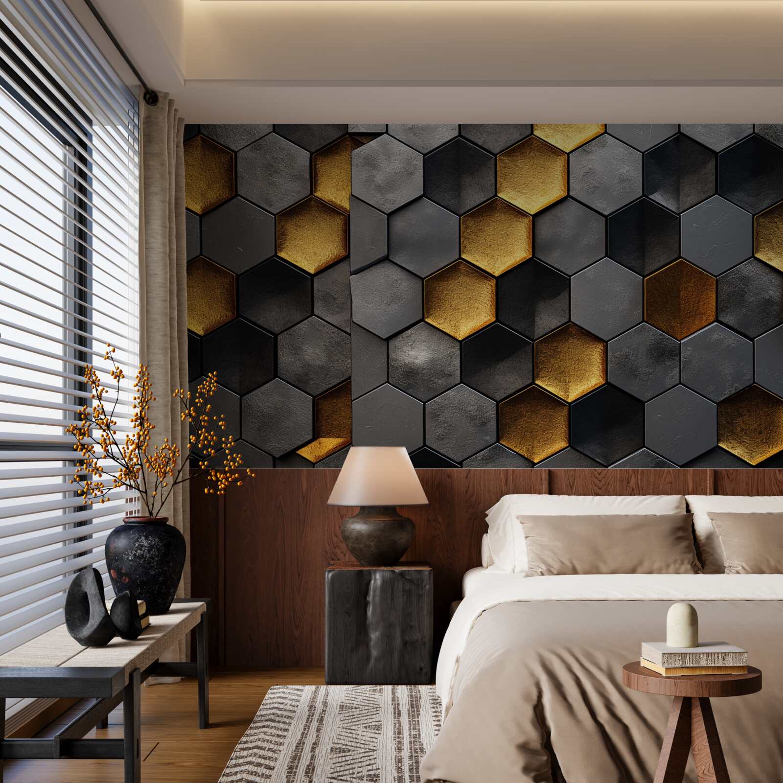 Papier peint simulation de ruches d'abeilles avec de l'or