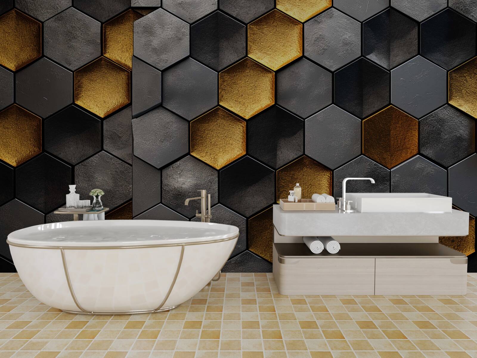 Papier peint simulation de ruches d'abeilles avec de l'or