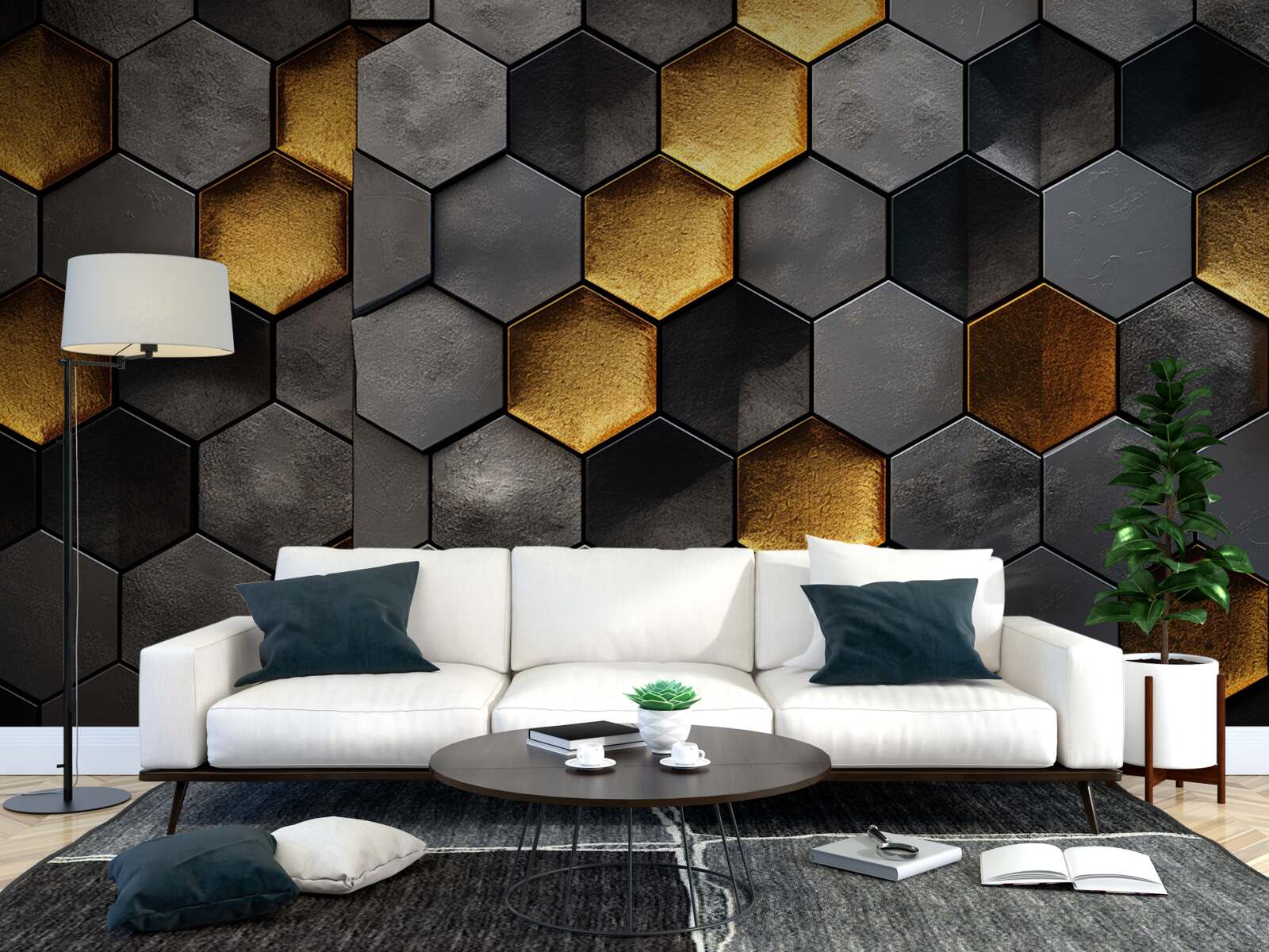 Papier peint simulation de ruches d'abeilles avec de l'or