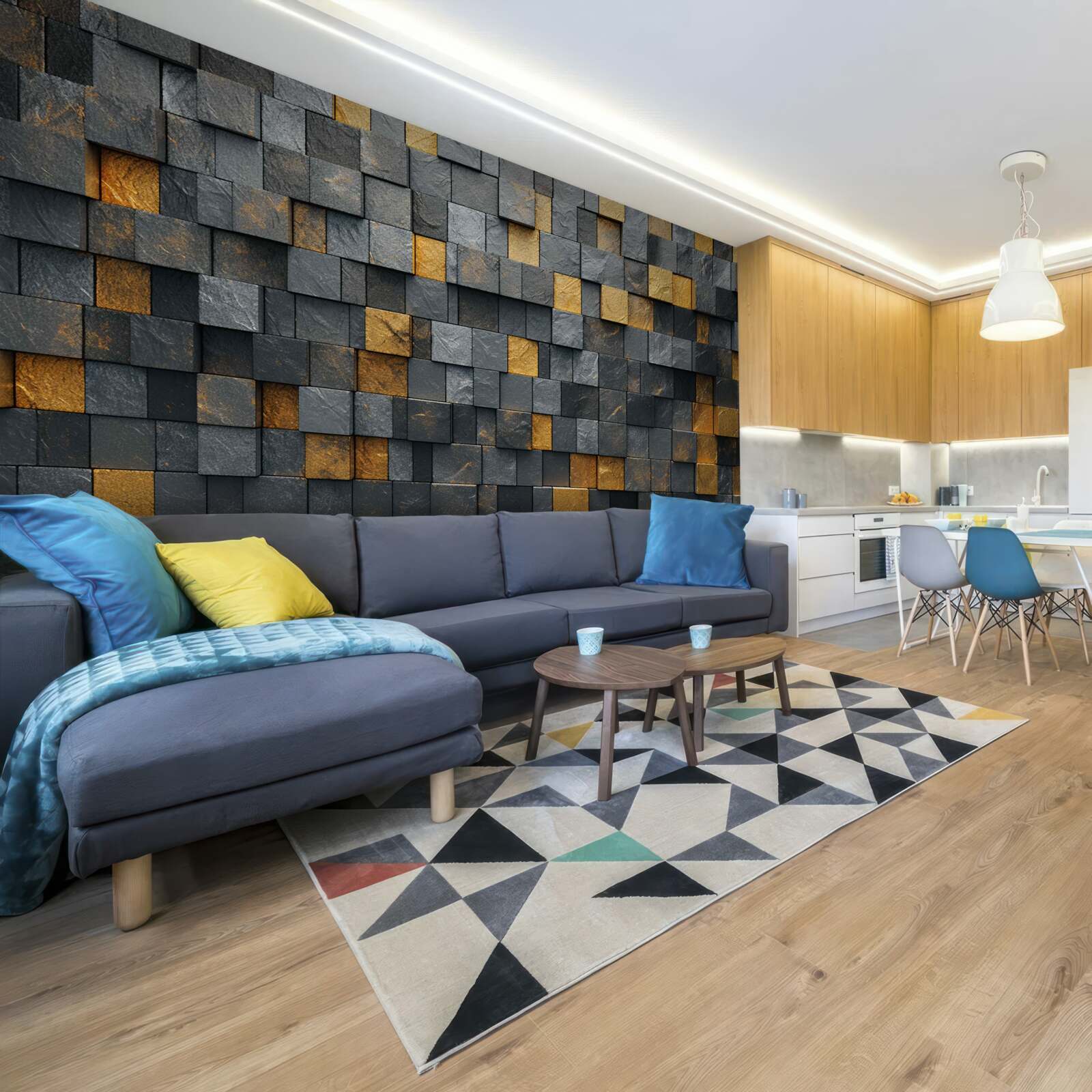 Papier peint des carrés de gris et des tons foncés sont mélangés à de l'or