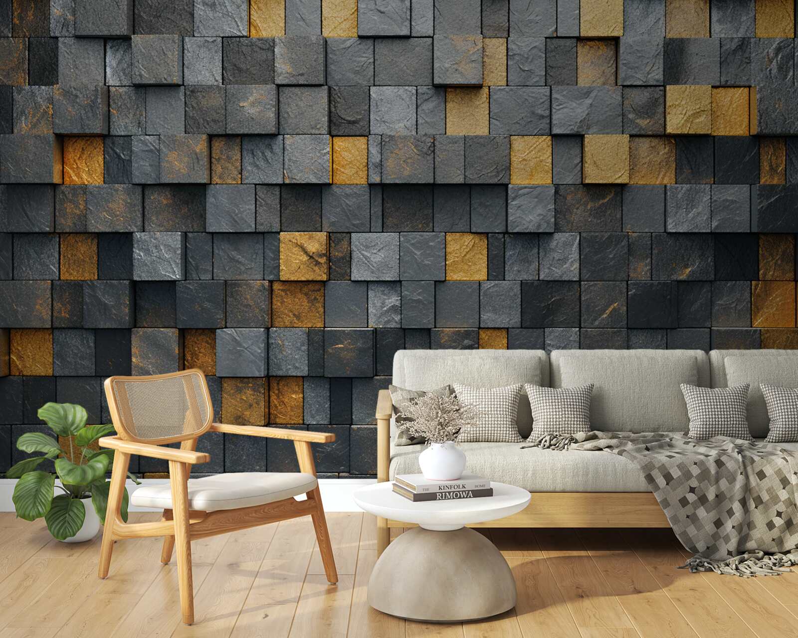 Papier peint des carrés de gris et des tons foncés sont mélangés à de l'or